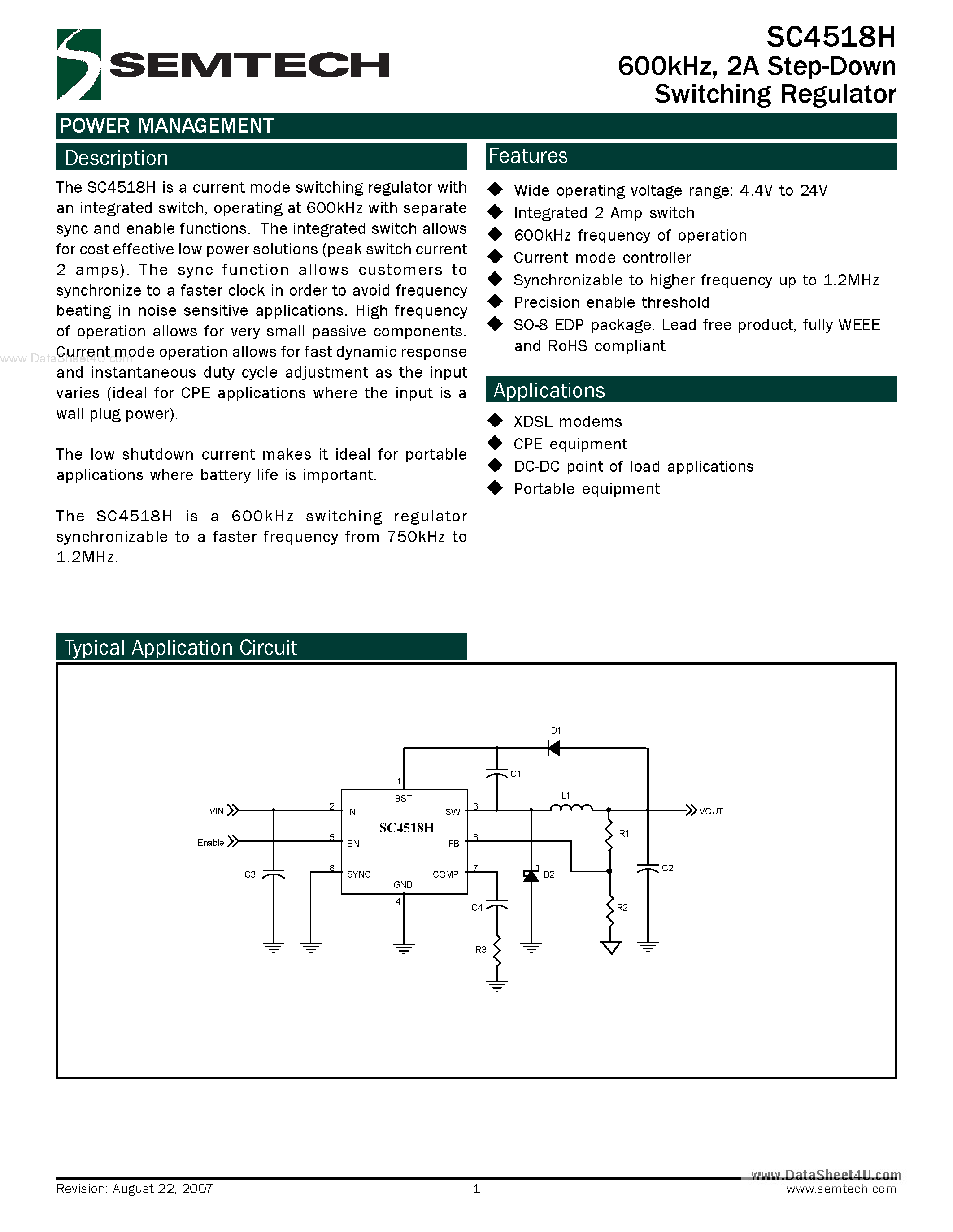 Datasheet SC4518H - 2A Step-Down Switching Regulator page 1