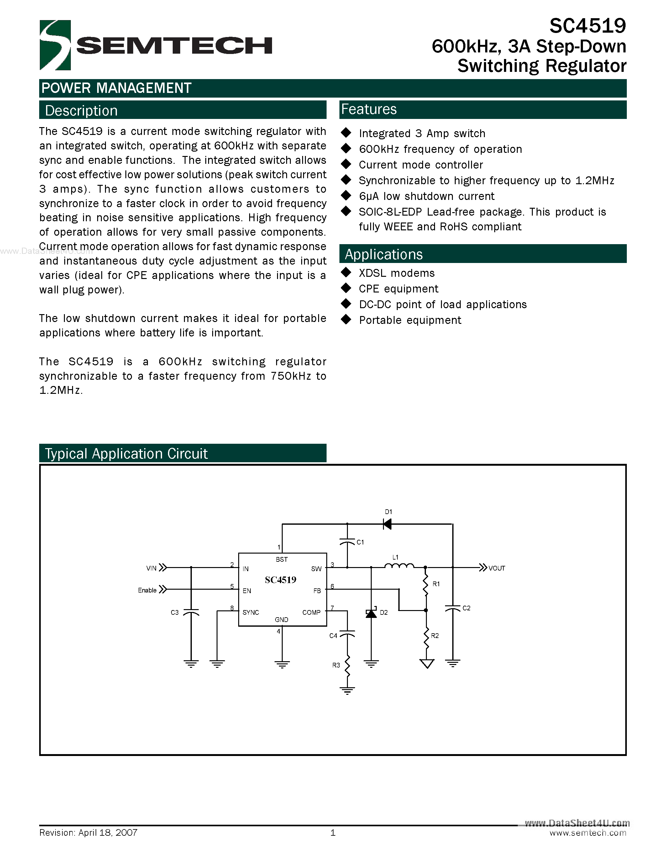 Datasheet SC4519 - 3A Step-Down Switching Regulator page 1