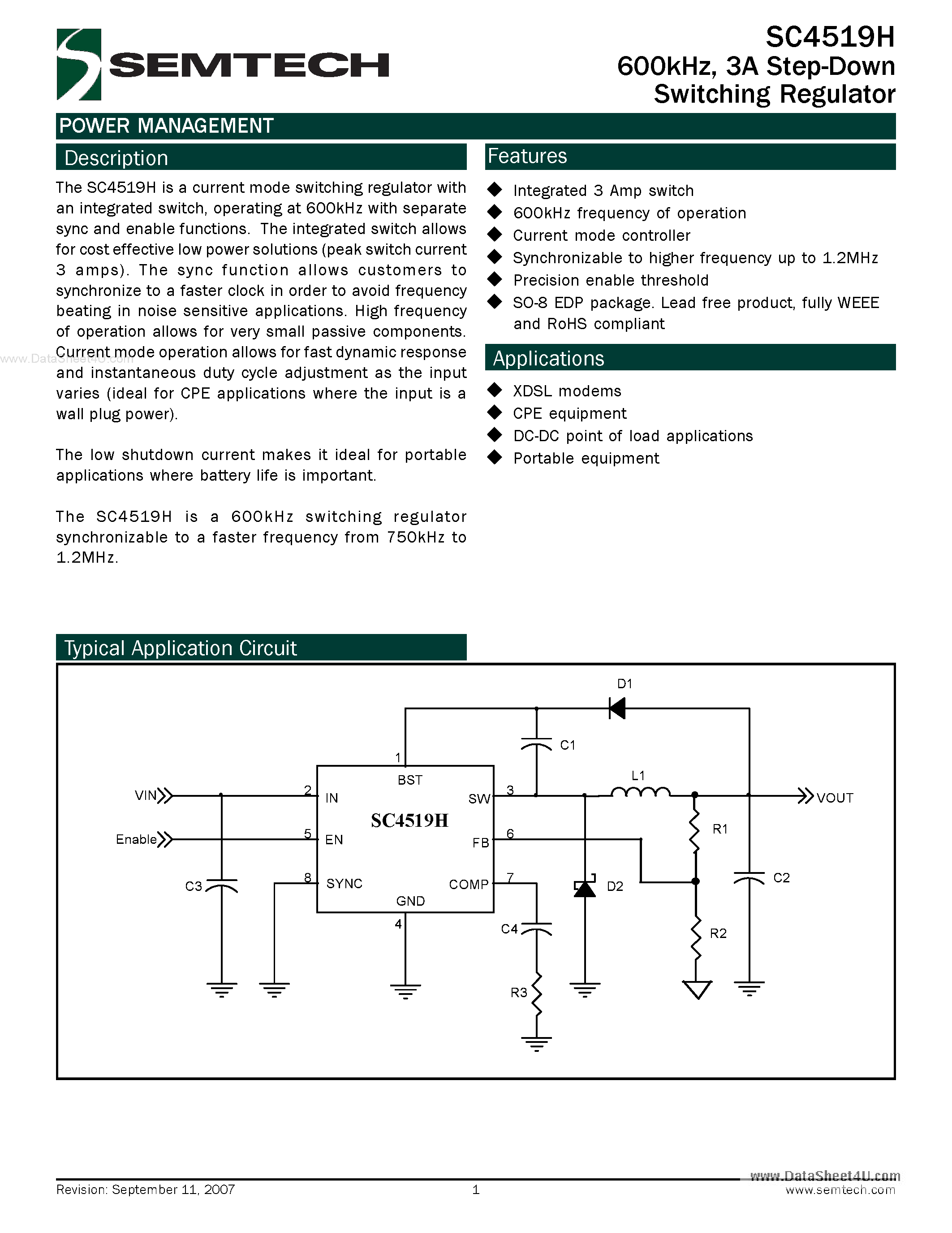 Datasheet SC4519H - 3A Step-Down Switching Regulator page 1