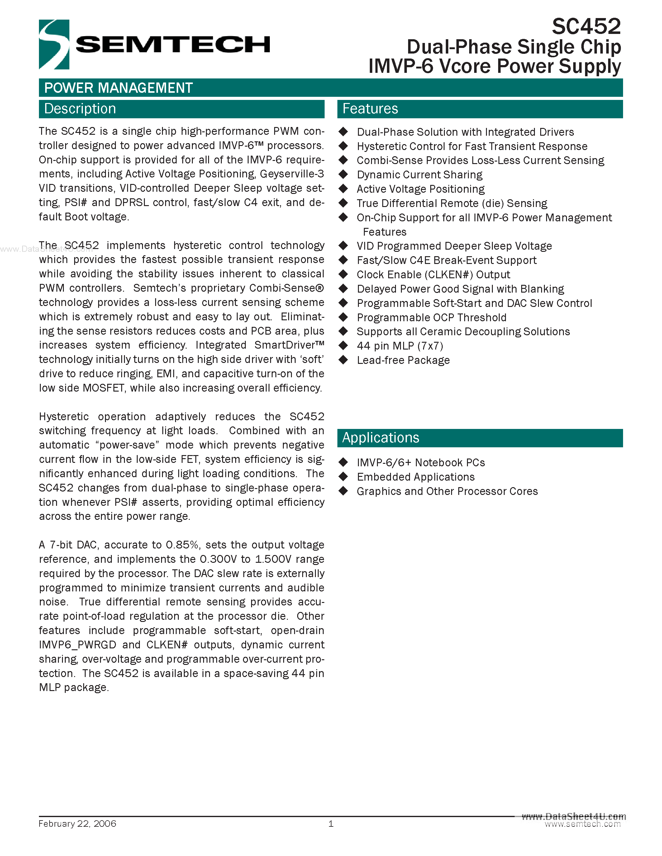 Datasheet SC452 - Dual-Phase Single Chip IMVP-6 Vcore Power Supply page 1