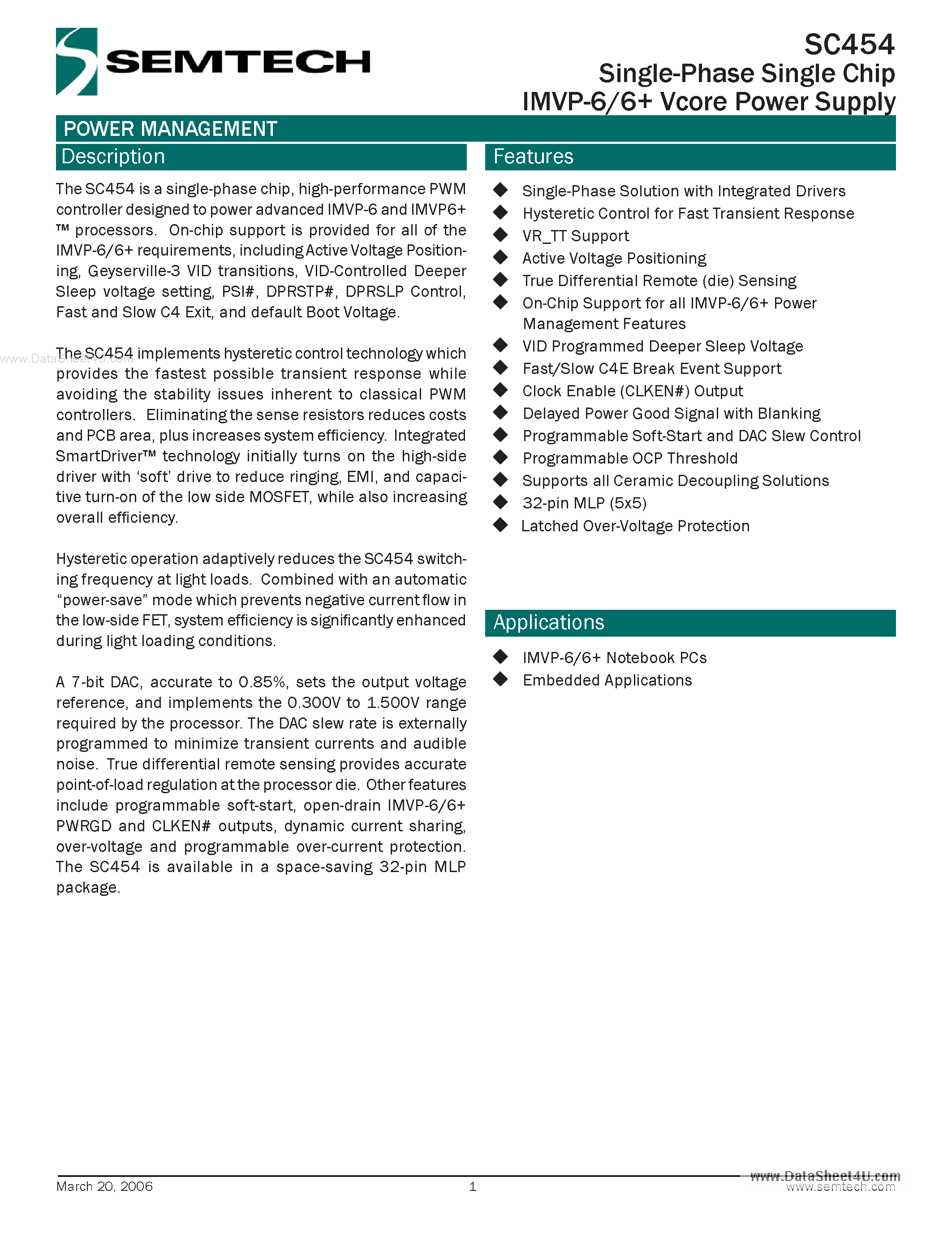 Datasheet SC454 - Single-Phase Single Chip IMVP-6/6 Vcore Power Supply page 1