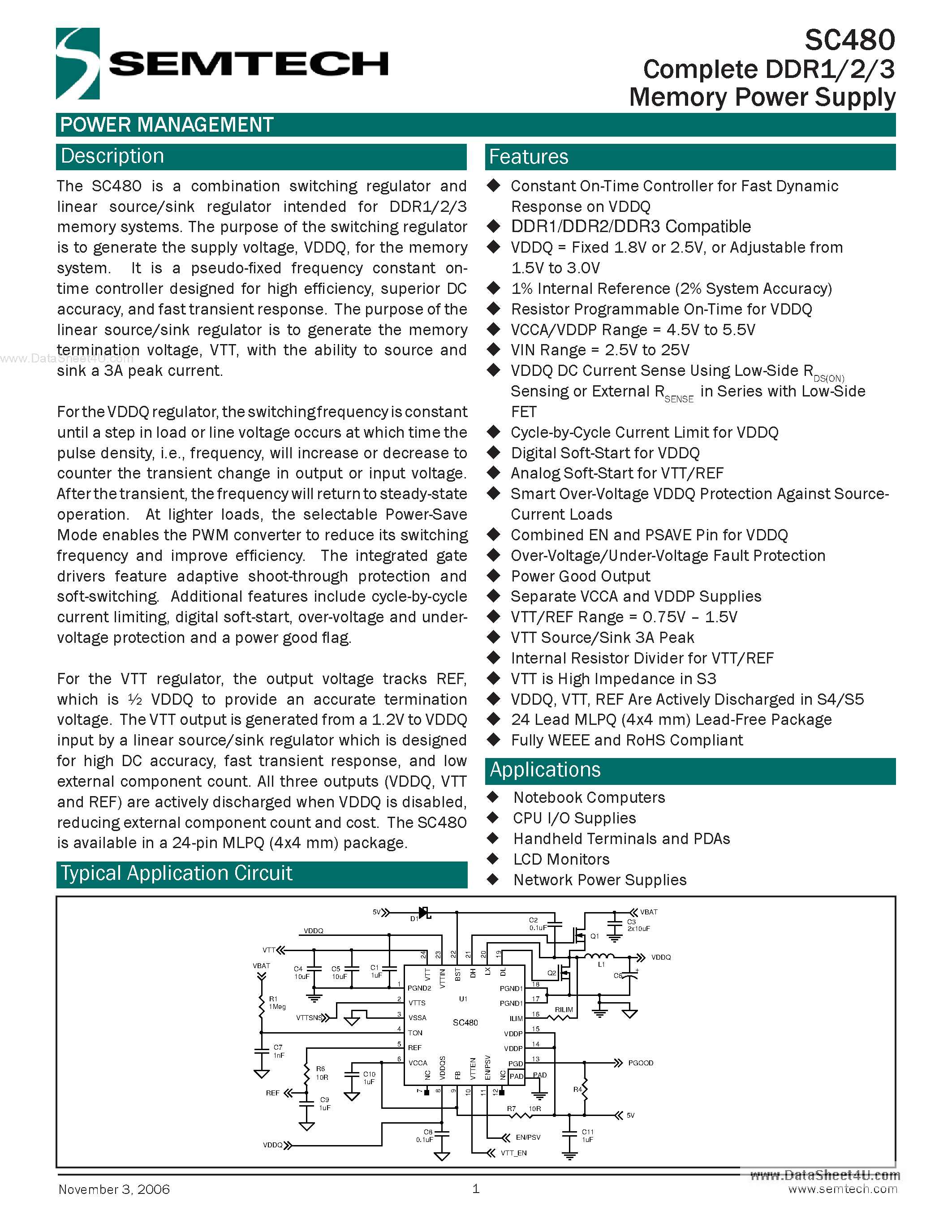 Datasheet SC480 - Complete DDR1/2/3 Memory Power Supply page 1