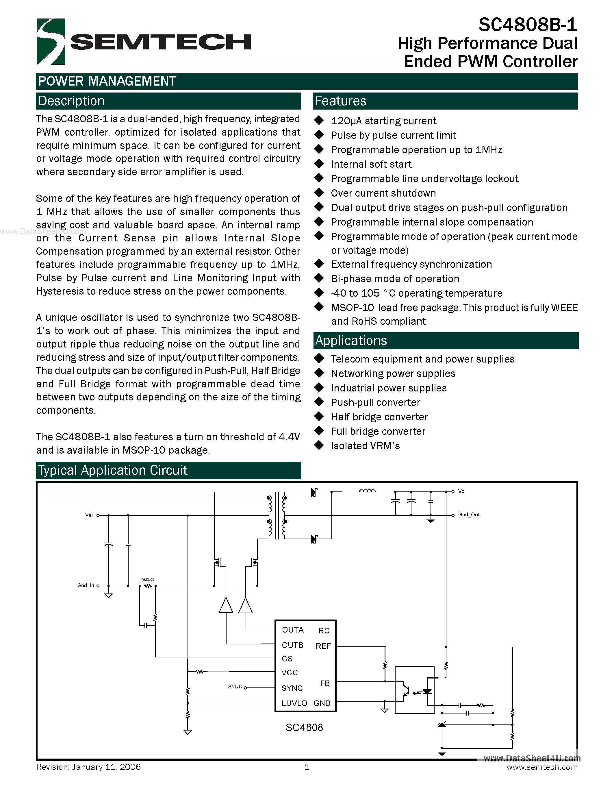 Datasheet SC4808B-1 - High Performance Dual Ended PWM Controller page 1
