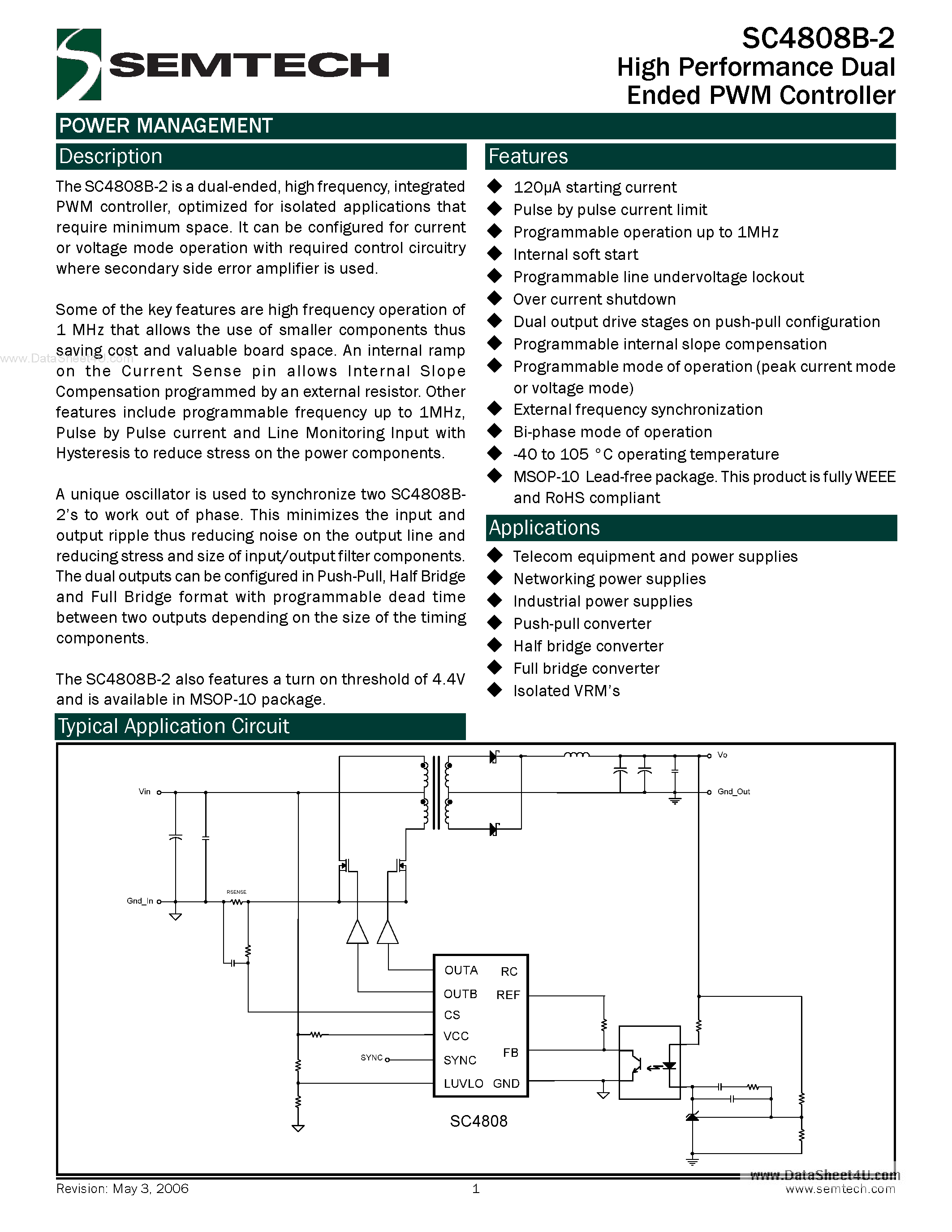 Datasheet SC4808B-2 - High Performance Dual Ended PWM Controller page 1