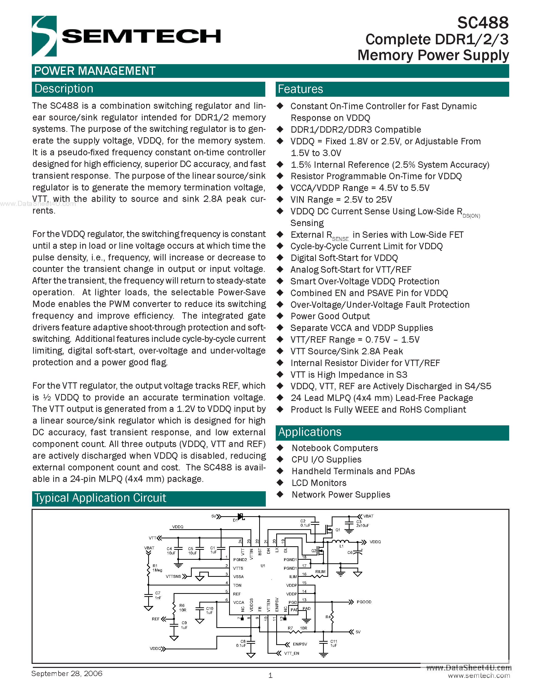 Datasheet SC488 page 1 Datasheet SC488 - Complete DDR1/2/3 Memory Power Supply page 1