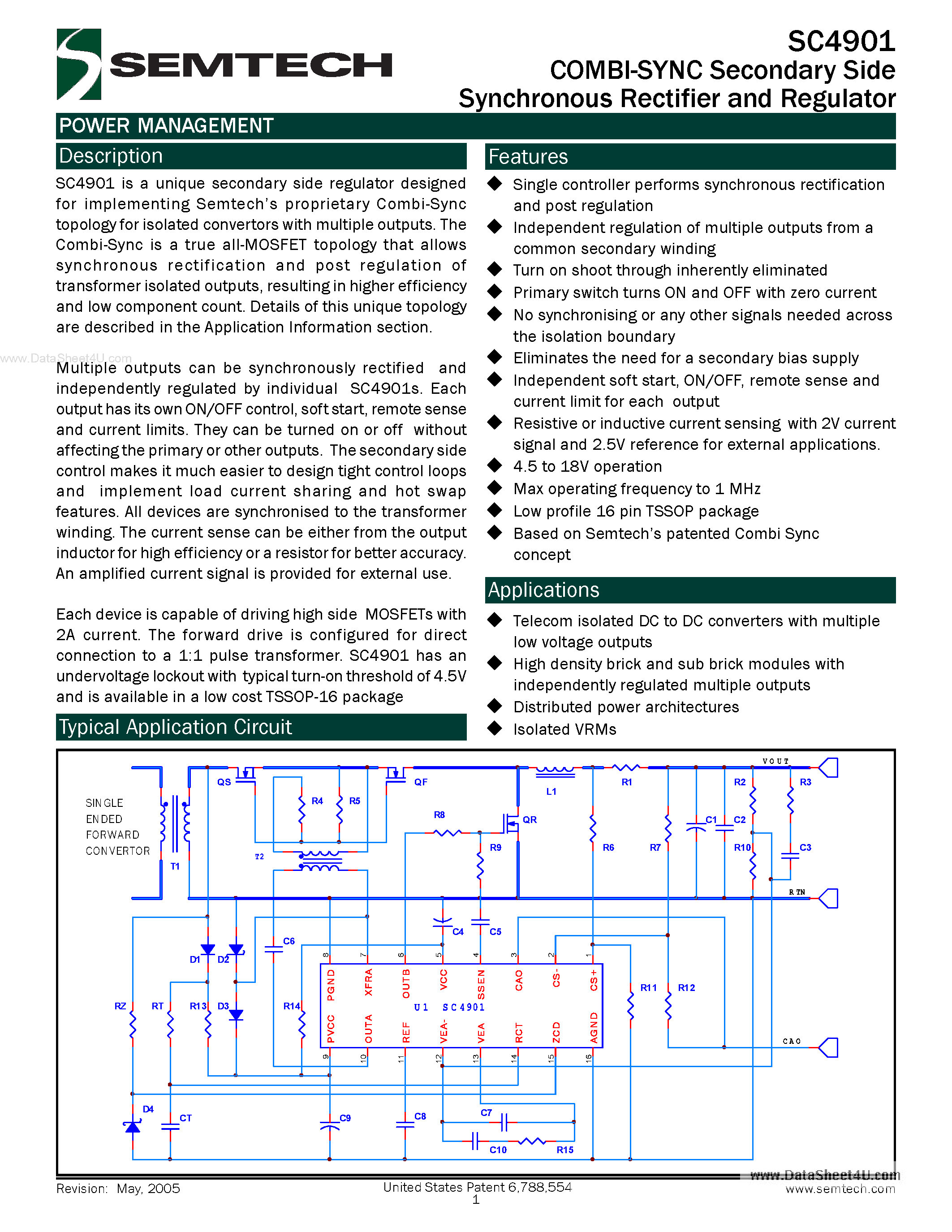 Datasheet SC4901 page 1 Datasheet SC4901 - COMBI-SYNC Secondary Side Synchronous Rectifier and Regulator page 1