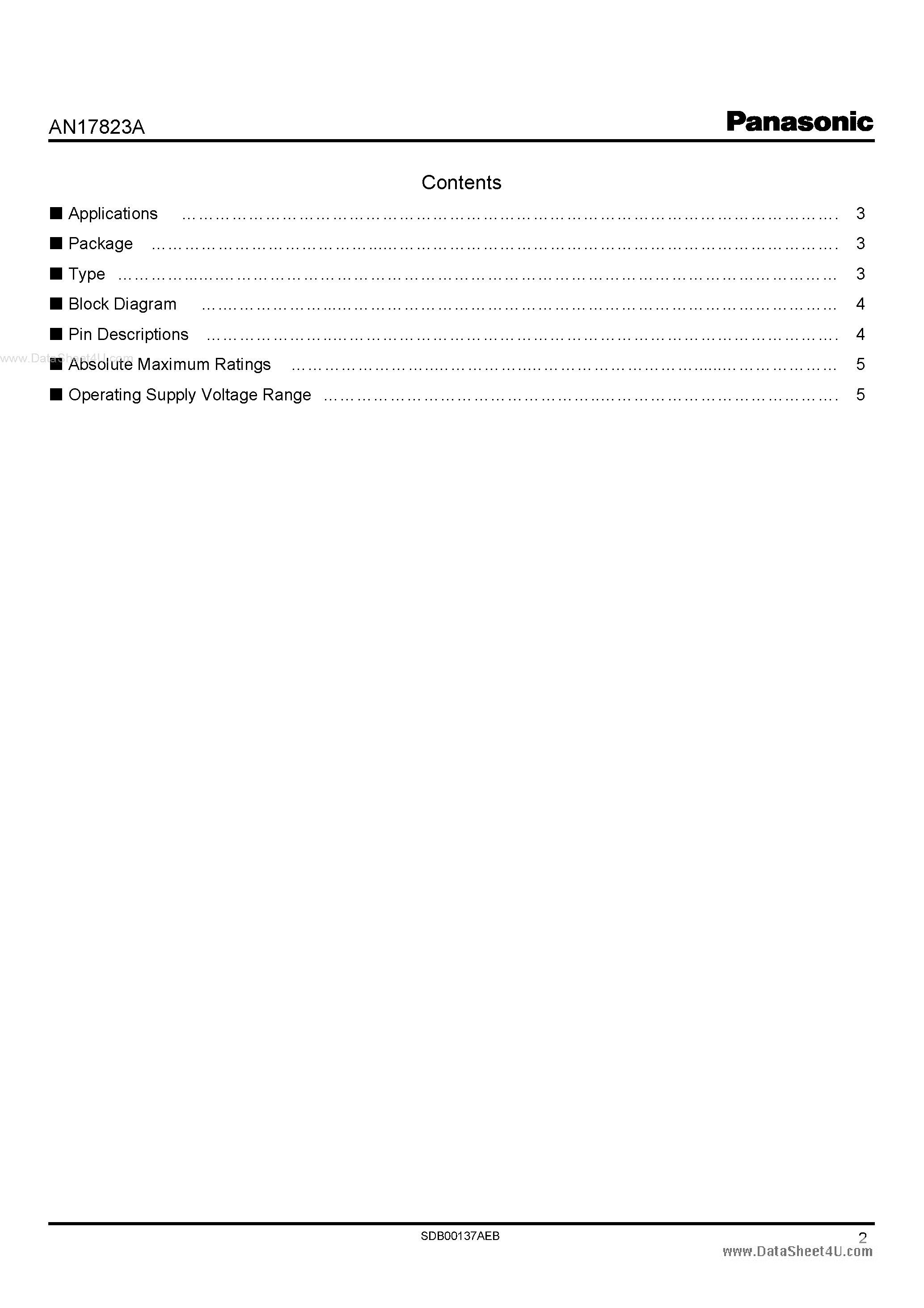 Datasheet AN17823A page 2 Datasheet AN17823A - BTL 4W X 1-Channel Power Amplifier page 2