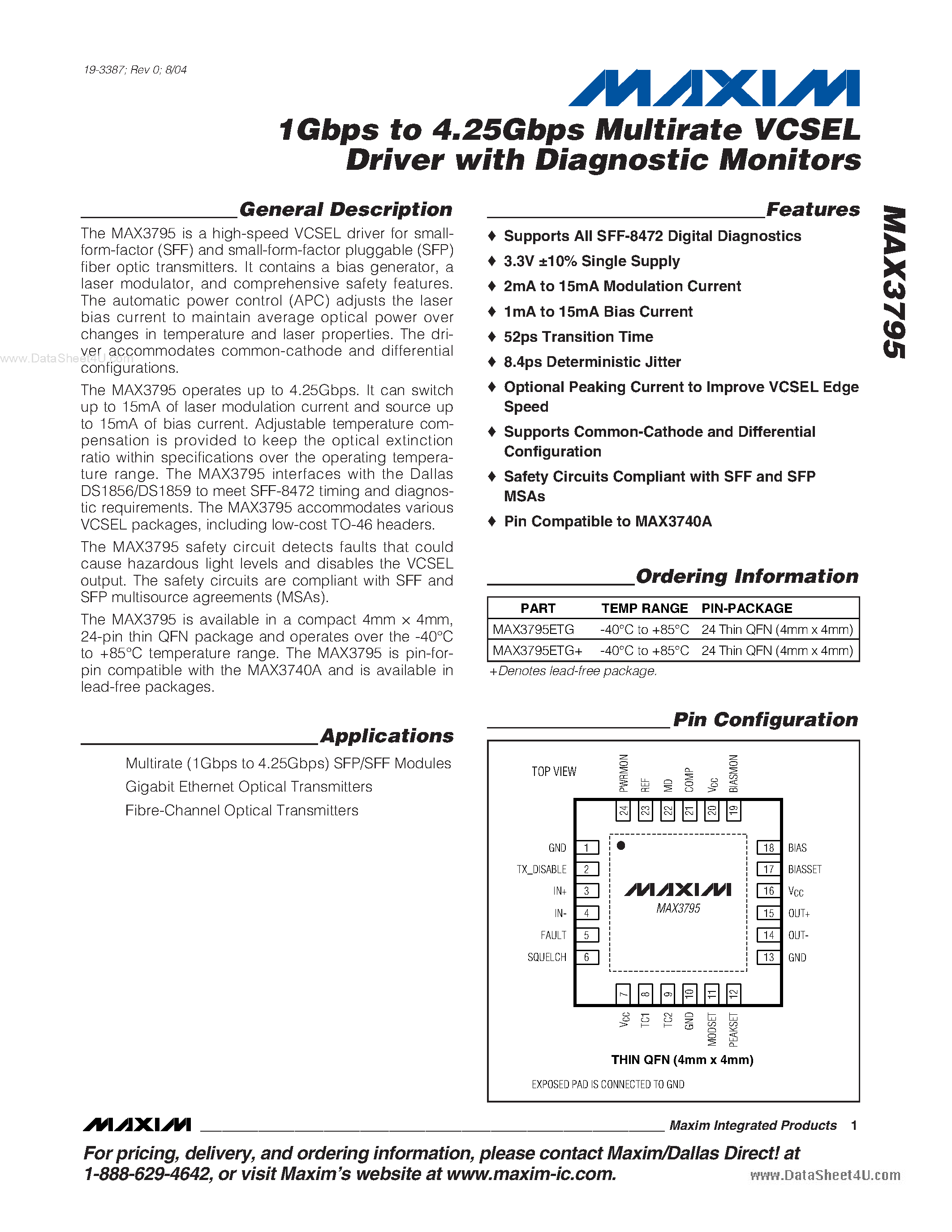 Datasheet MAX3795 - 1Gbps to 4.25Gbps Multirate VCSEL Driver page 1