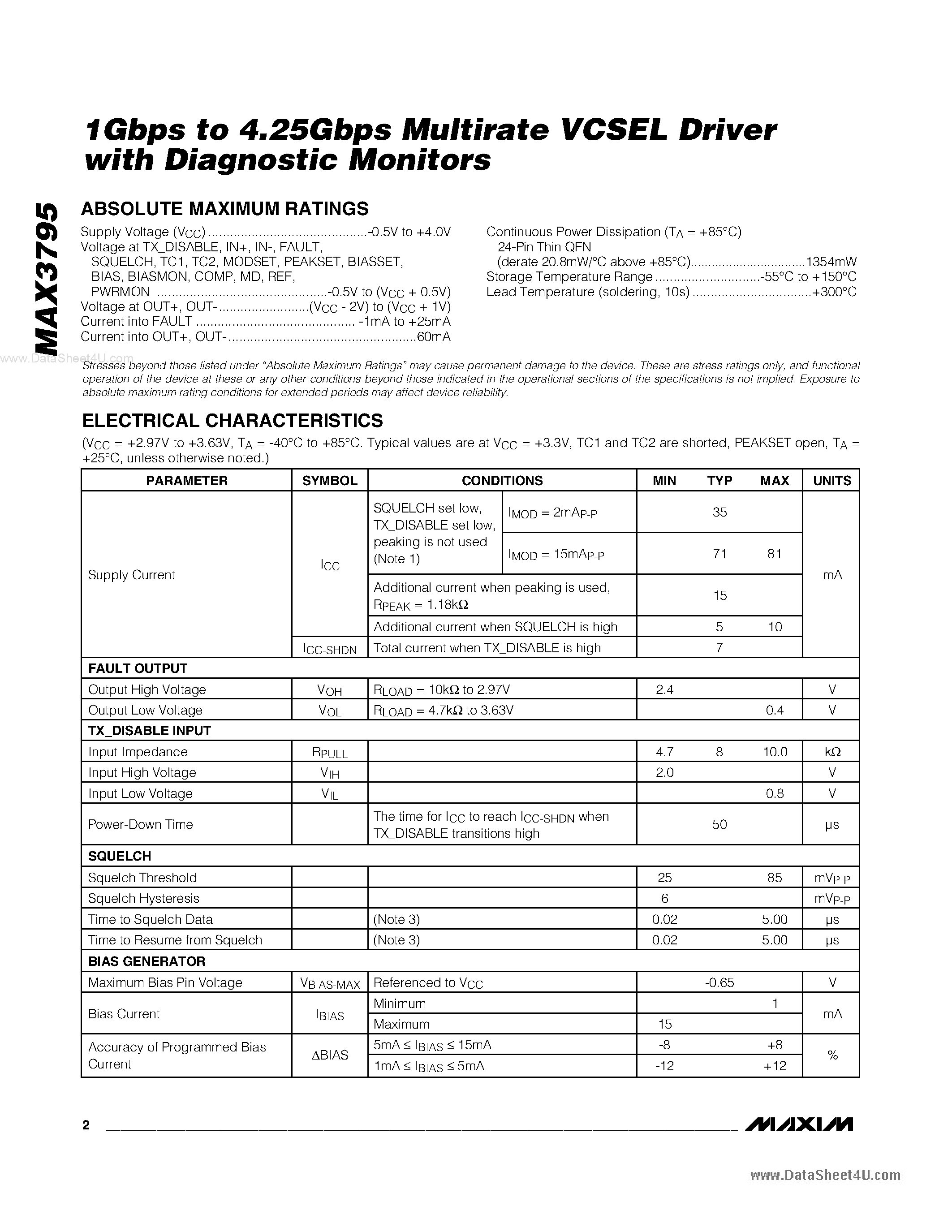 Datasheet MAX3795 - 1Gbps to 4.25Gbps Multirate VCSEL Driver page 2
