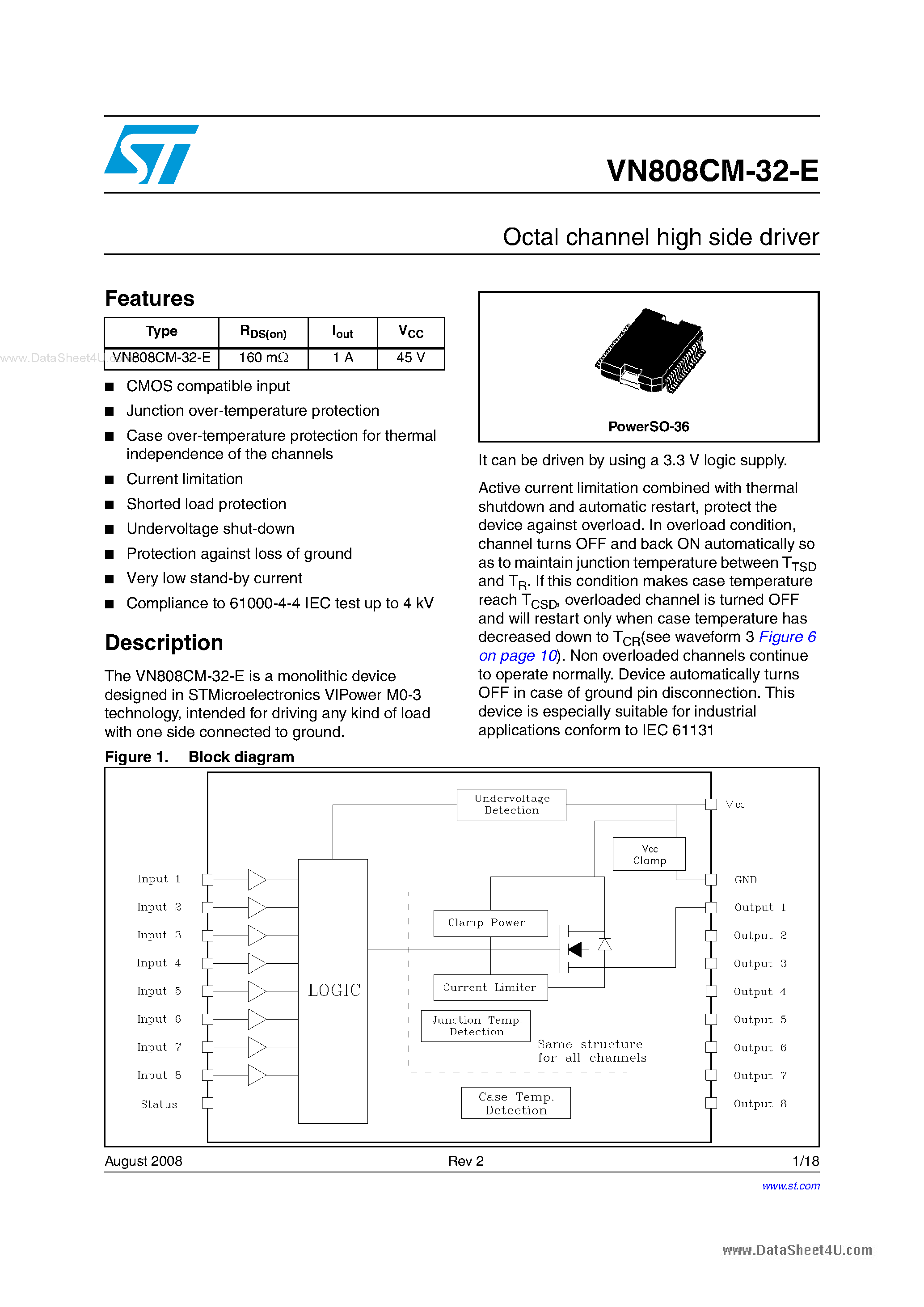 Datasheet VN808CM-32-E page 1 Datasheet VN808CM-32-E - Octal channel high side driver page 1