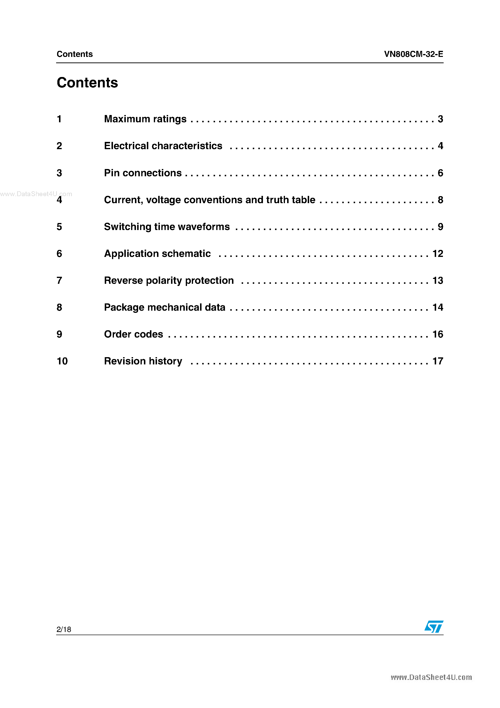 Datasheet VN808CM-32-E page 2 Datasheet VN808CM-32-E - Octal channel high side driver page 2