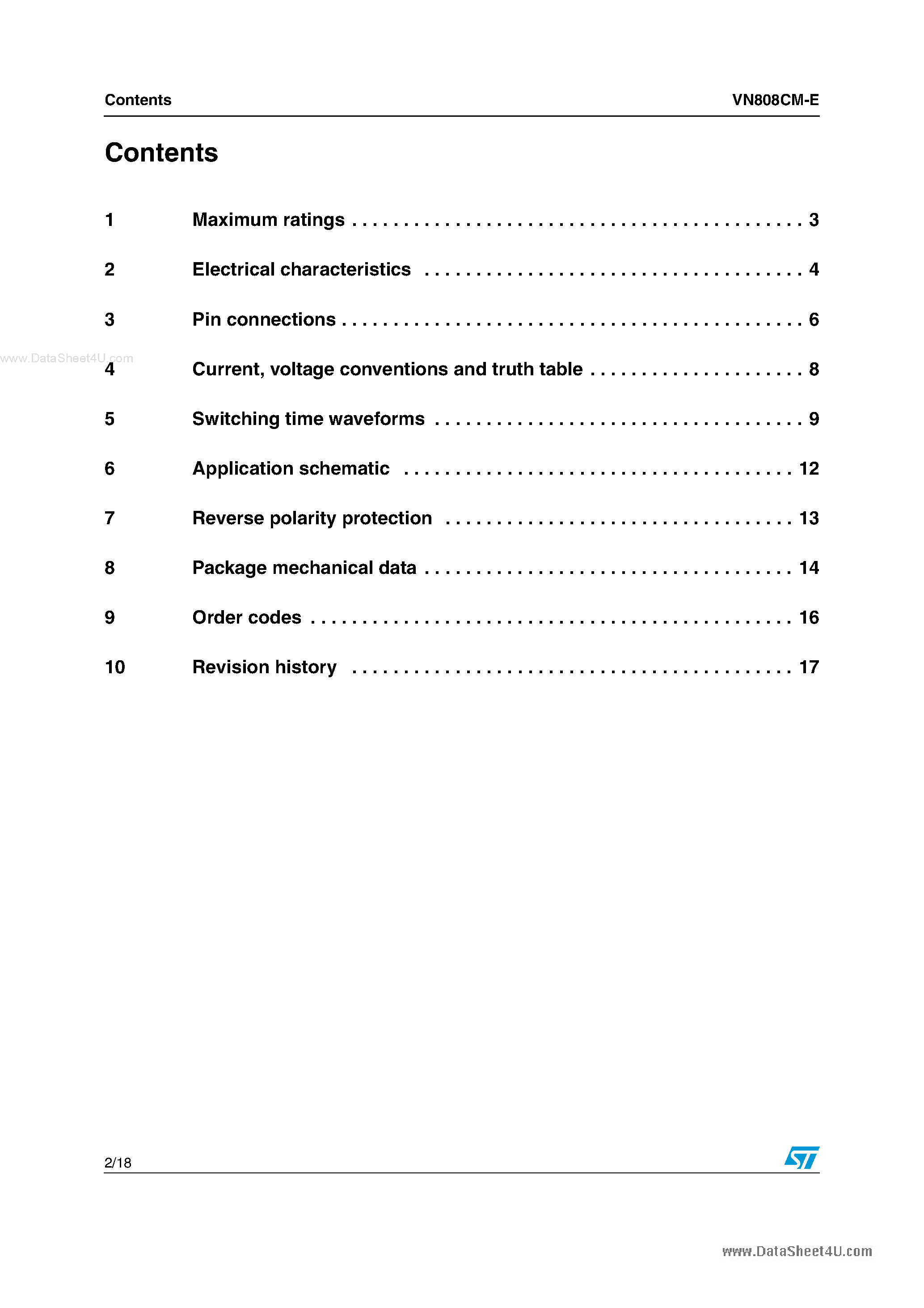 Datasheet VN808CM-E page 2 Datasheet VN808CM-E - Octal channel high side driver page 2