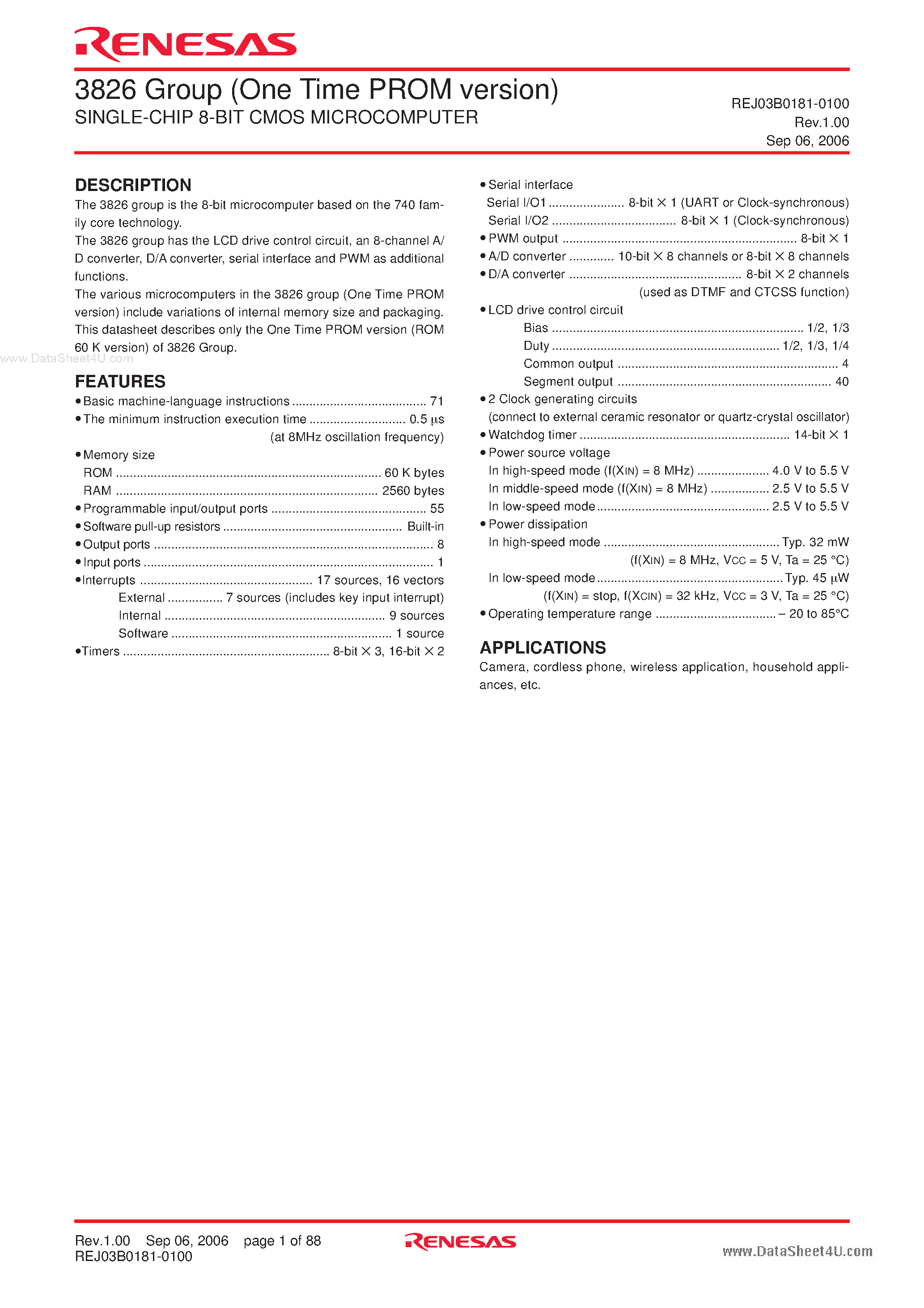 Datasheet M3826 - SINGLE-CHIP 8-BIT CMOS MICROCOMPUTER page 1