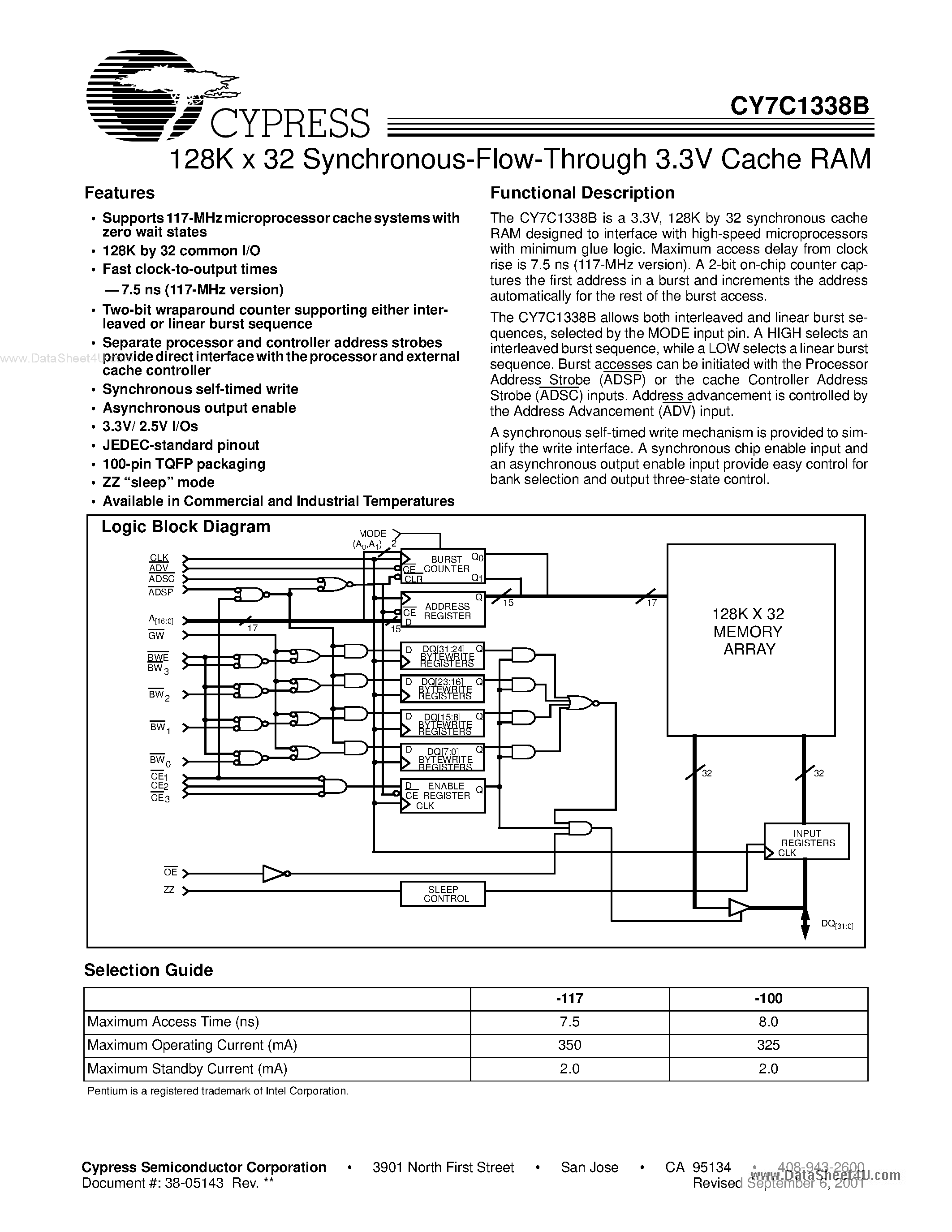 Datasheet CY7C1338B page 1 Datasheet CY7C1338B - 128K x 32 Synchronous-Flow-Through 3.3V Cache RAM page 1
