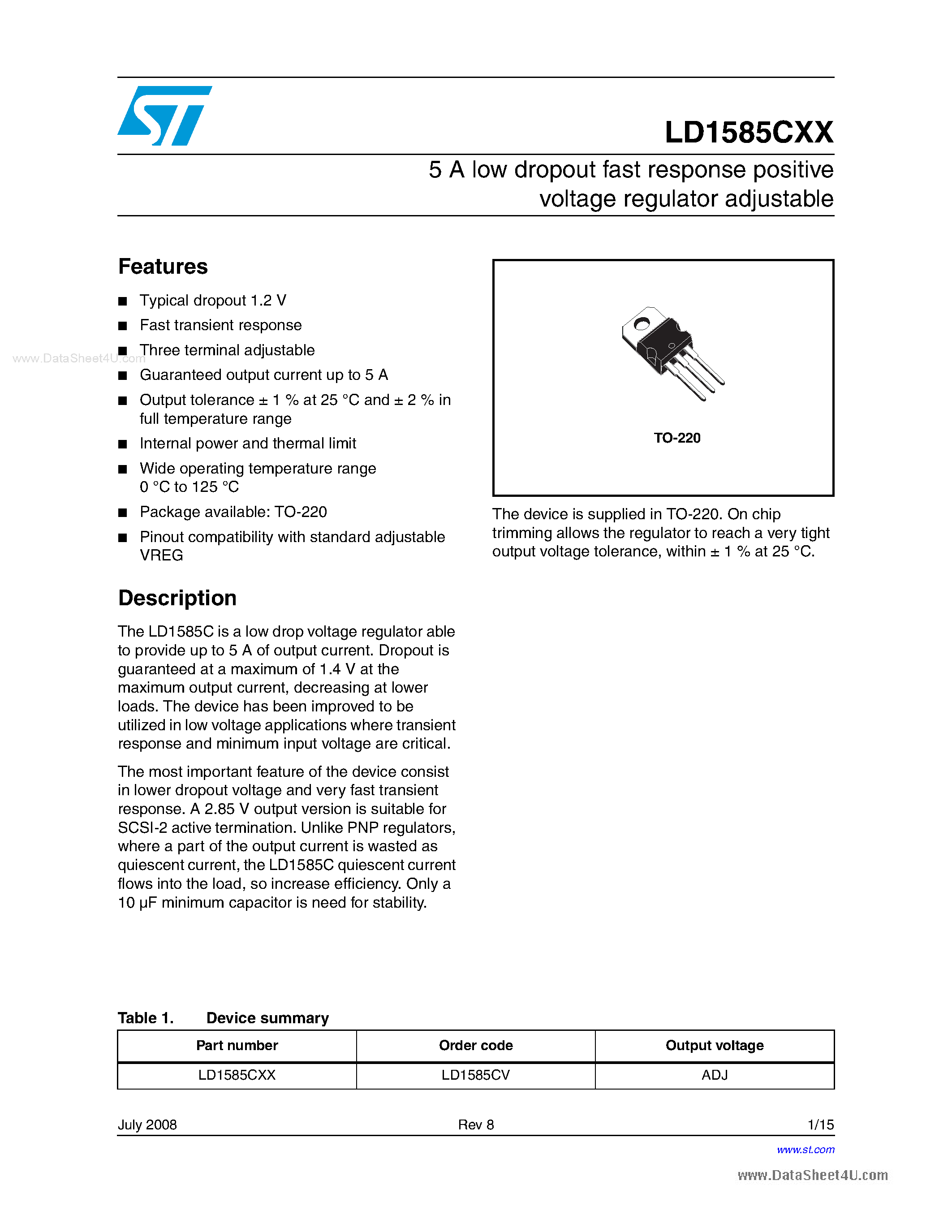 Даташит LD1585CXX-5A low dropout fast response positive voltage regulator adjustable страница 1