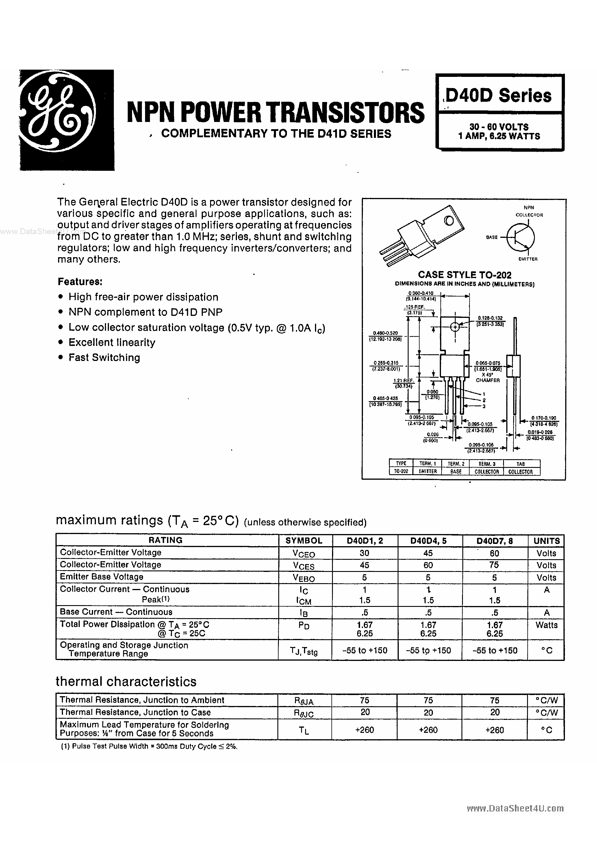 Даташит D40D - NPN POWER TRANSISTORS страница 1
