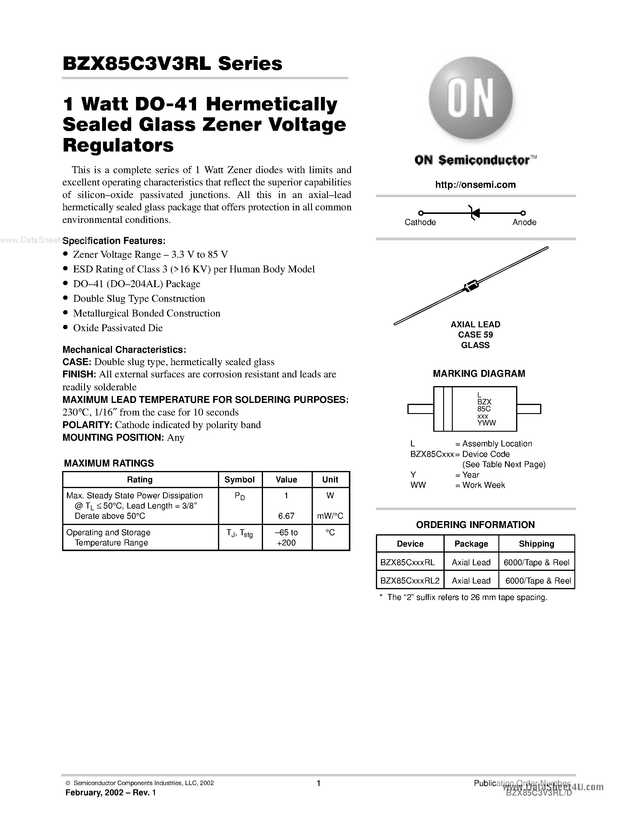 Datasheet BZX85C9V1RL - 1 Watt DO-41 Hermetically Sealed Glass Zener Voltage Regulators page 1