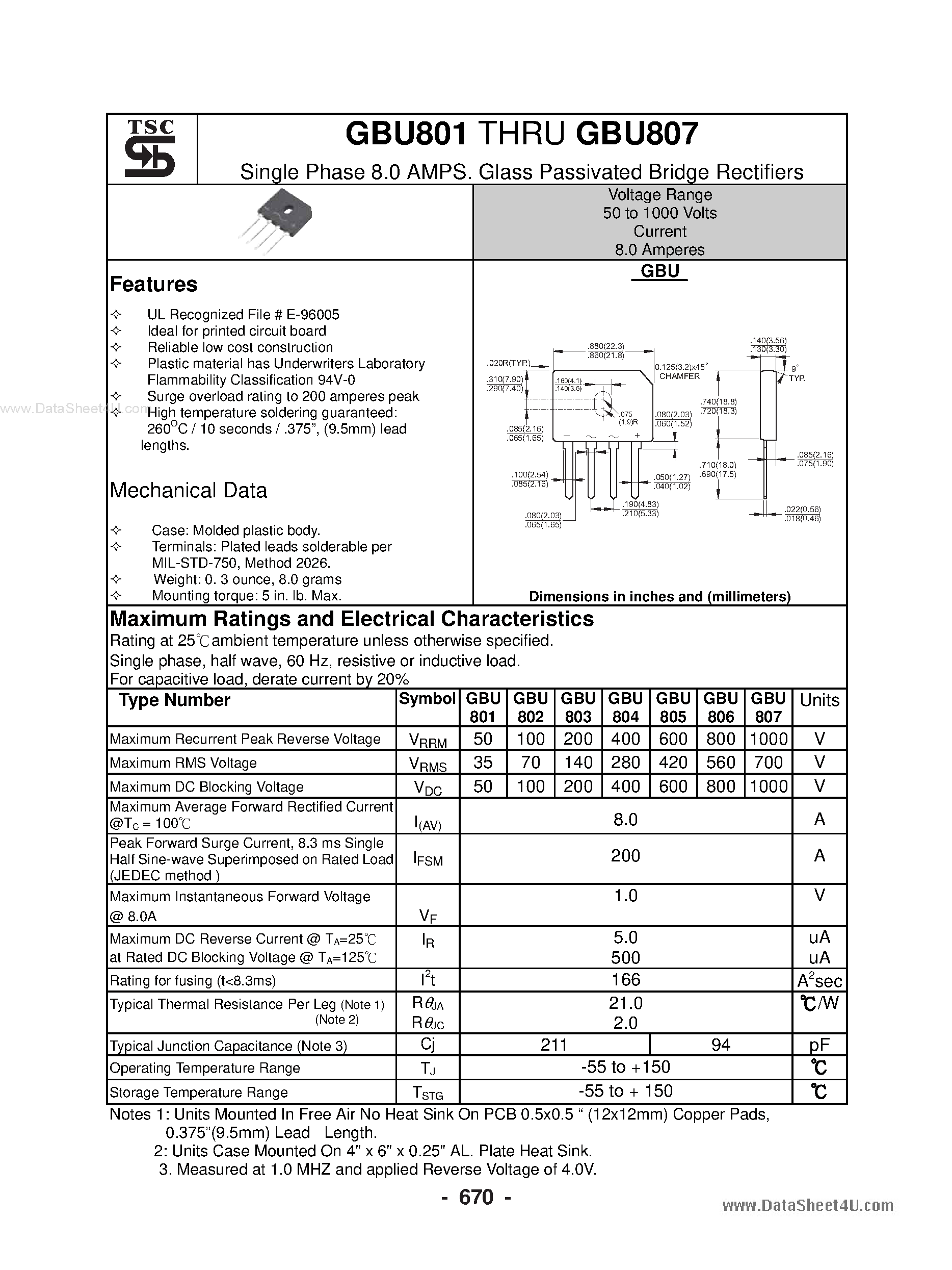 Даташит GBU801 - (GBU80x) Single Phase 8.0 AMPS. Glass Passivated Bridge Rectifiers страница 1