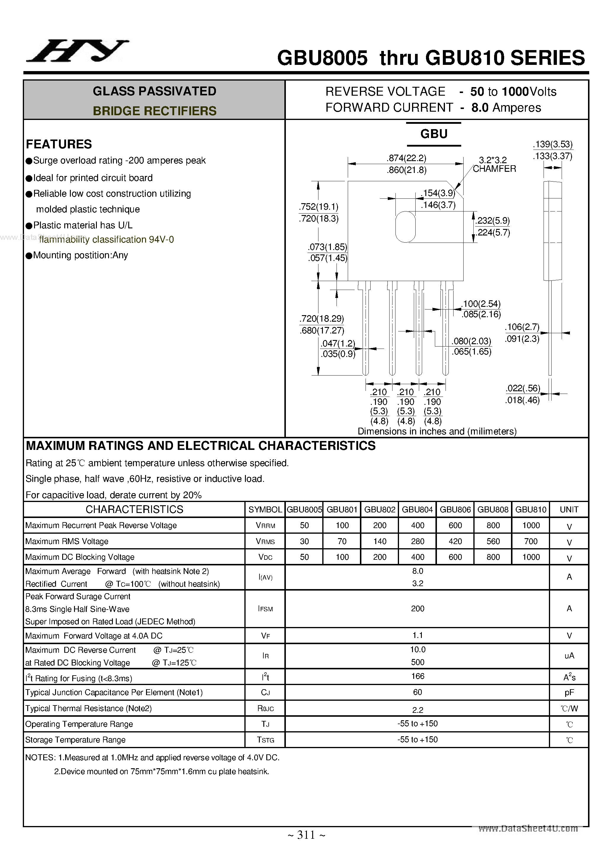 Datasheet GBU8005 page 1 Datasheet GBU8005 - (GBU8xx) GLASS PASSIVATED BRIDGE RECTIFIERS page 1