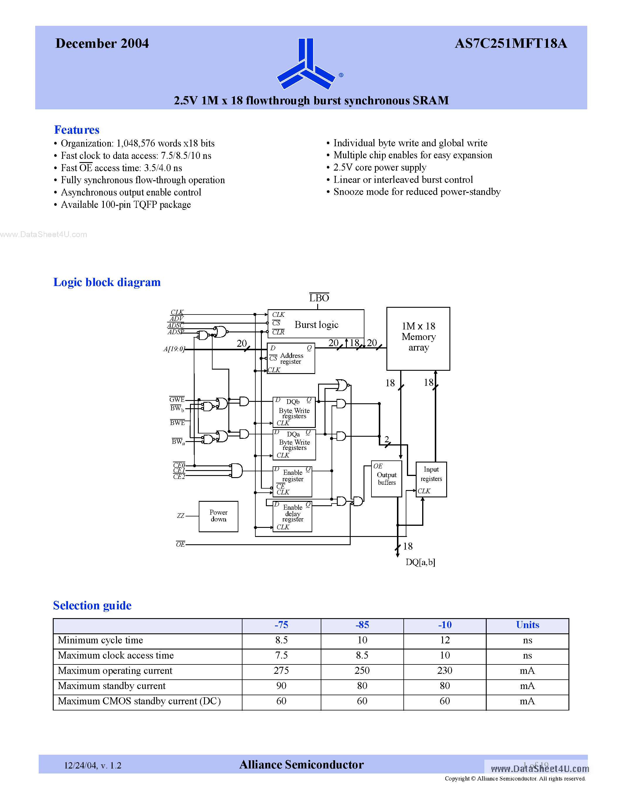 Даташит на микросхему AS7C251MFT18A страница 1 Даташит AS7C251MFT18A - 2.5V 1M x 18 flowthrough burst synchronous SRAM страница 1