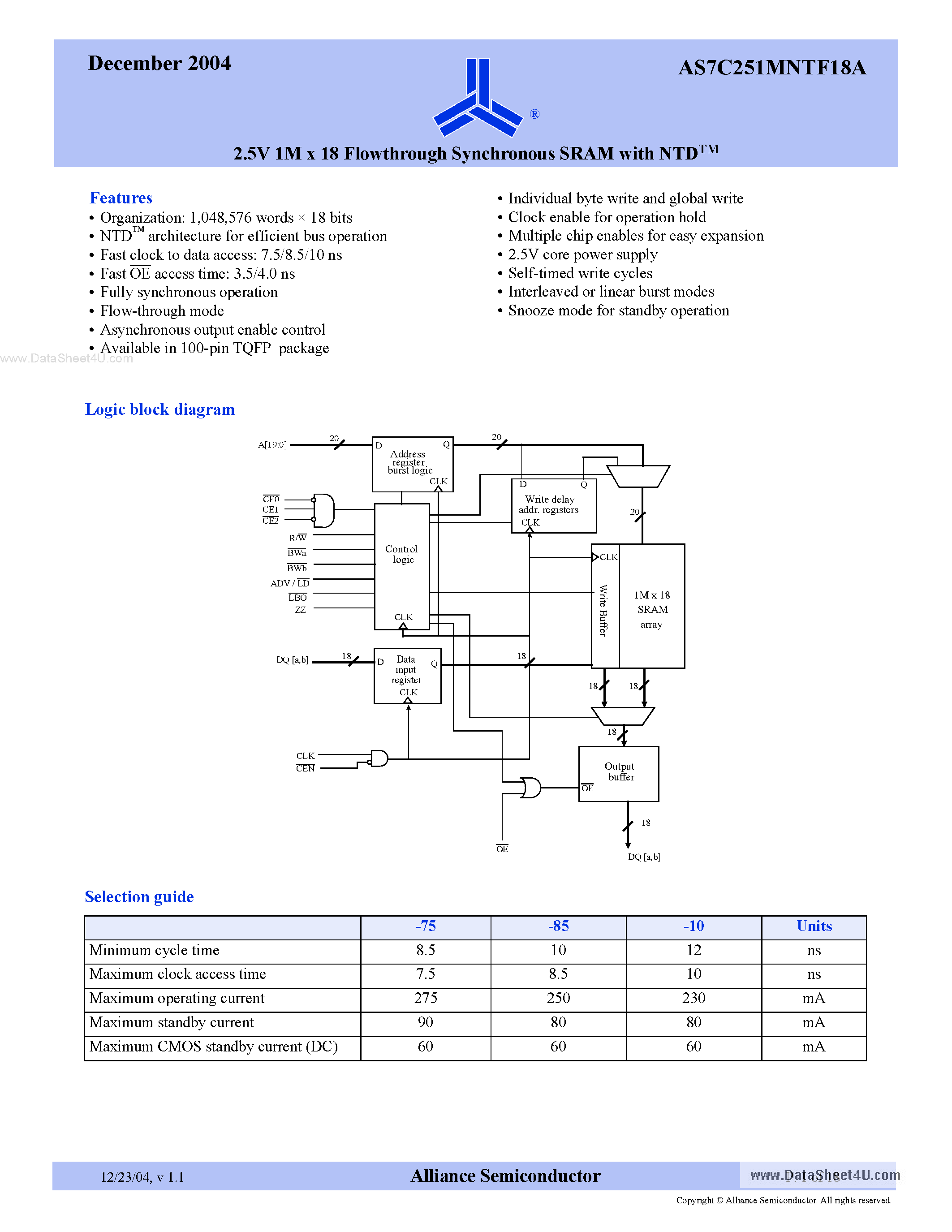 Даташит на микросхему AS7C251MNTF18A страница 1 Даташит AS7C251MNTF18A - 2.5V 1M x 18 Flowthrough Synchronous SRAM страница 1