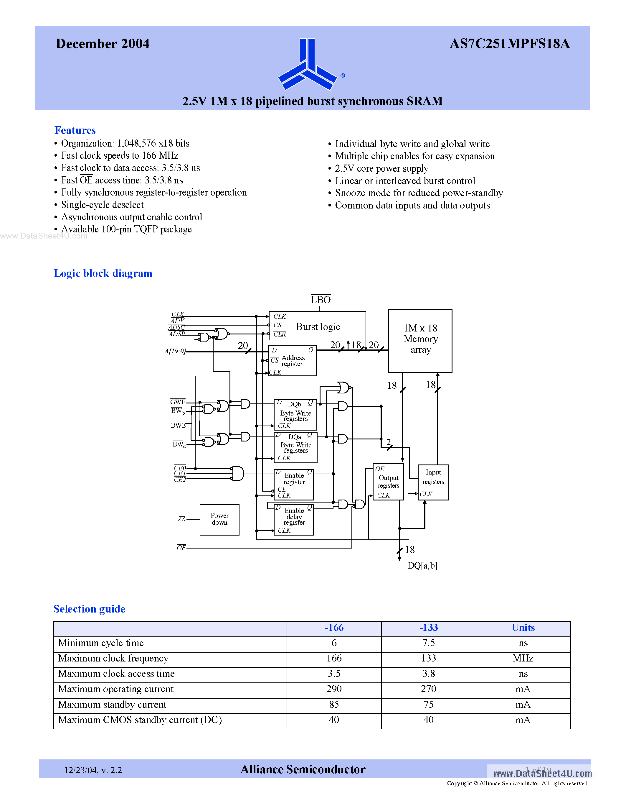 Даташит на микросхему AS7C251MPFS18A страница 1 Даташит AS7C251MPFS18A - 2.5V 1M x 18 pipelined burst synchronous SRAM страница 1