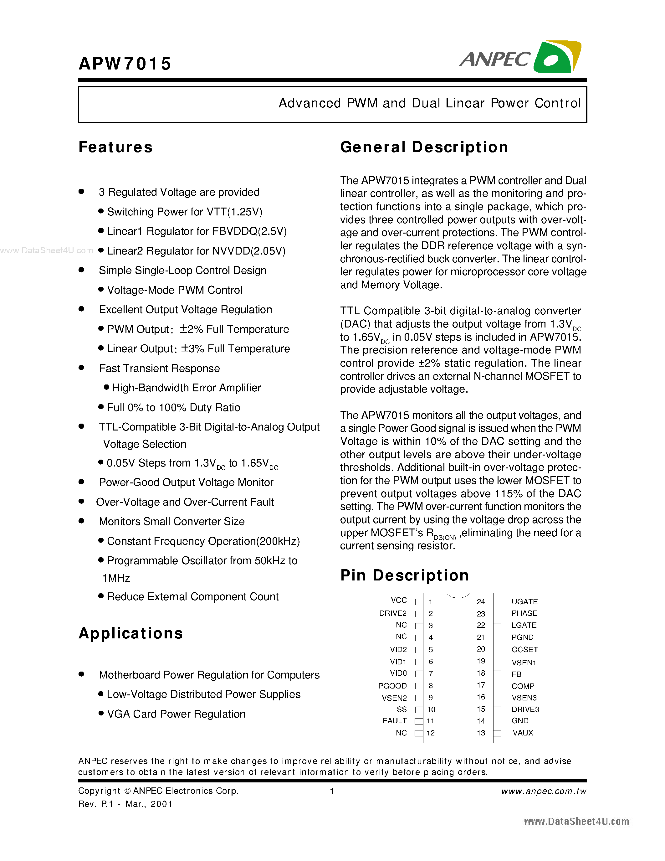 Datasheet APW7015 - Advanced PWM and Dual Linear Power Control page 1