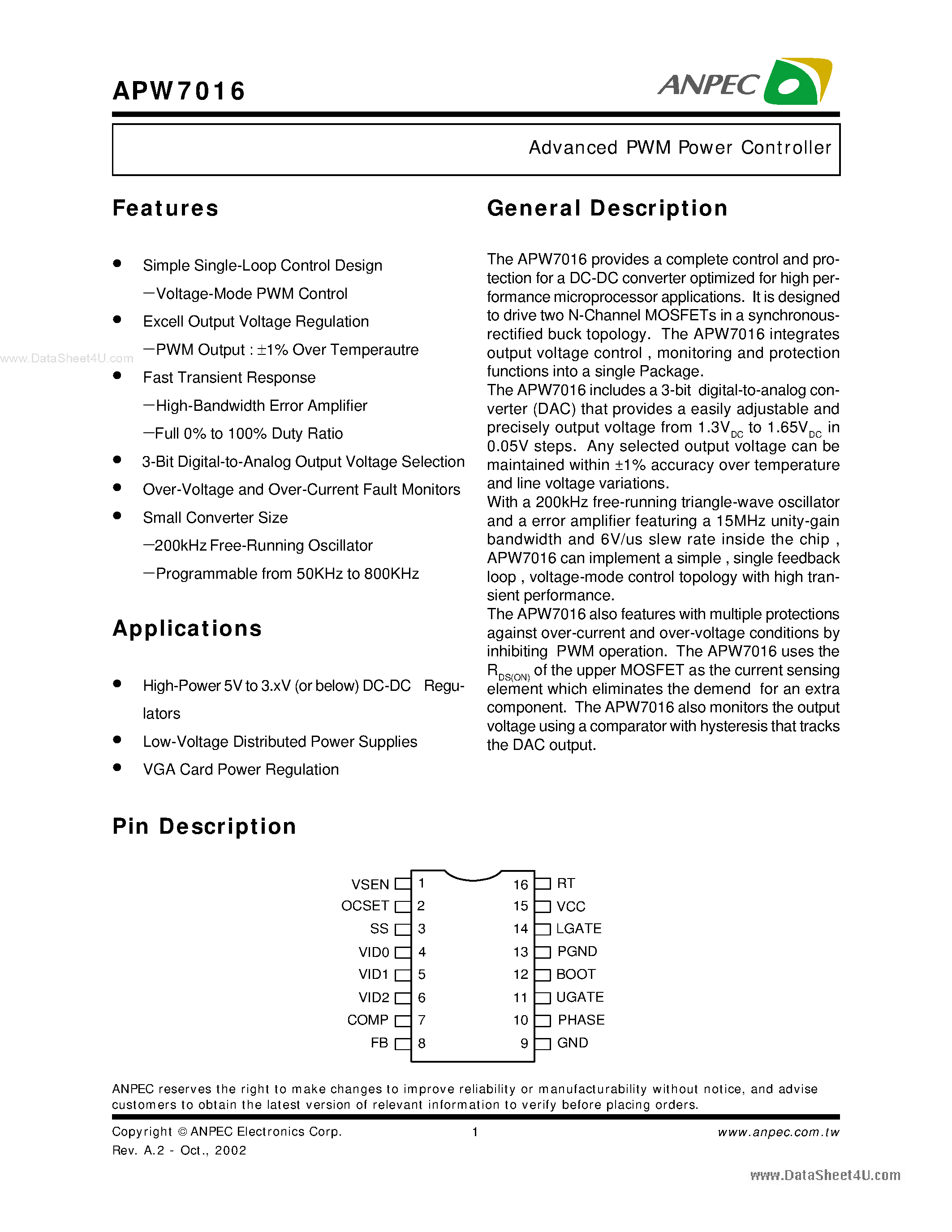 Datasheet APW7016 - Advanced PWM Power Controller page 1