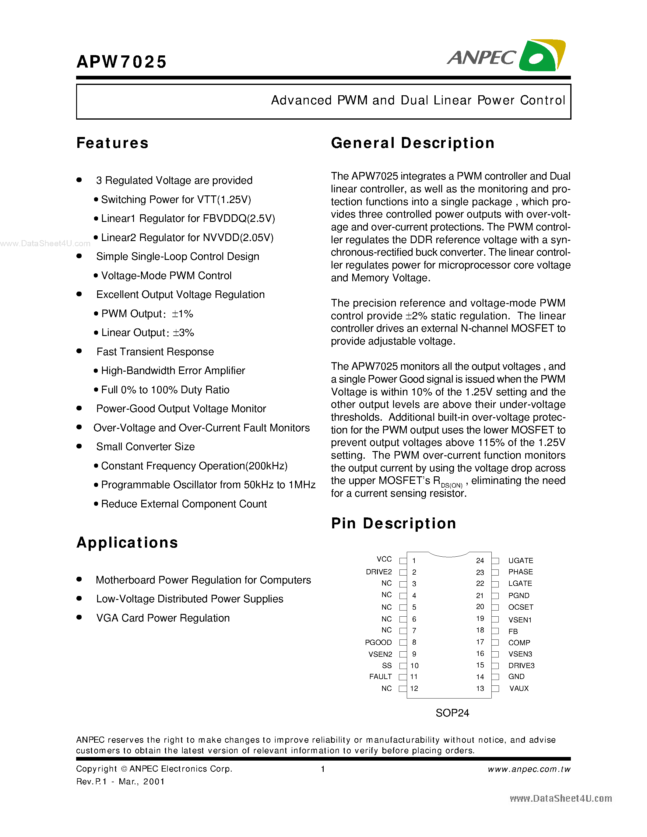 Datasheet APW7025 page 1 Datasheet APW7025 - Advanced PWM and Dual Linear Power Control page 1