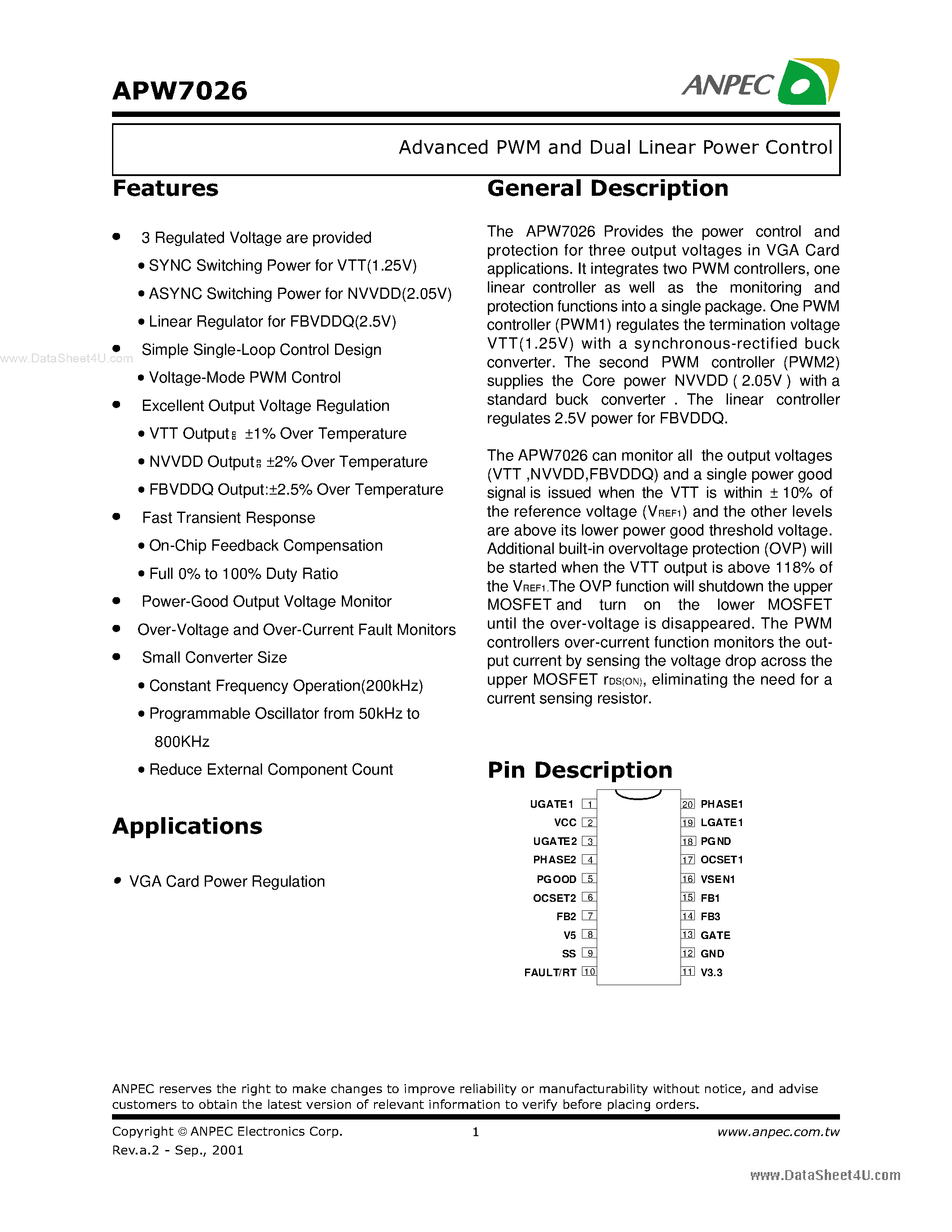 Datasheet APW7026 page 1 Datasheet APW7026 - Advanced PWM and Dual Linear Power Controllers page 1