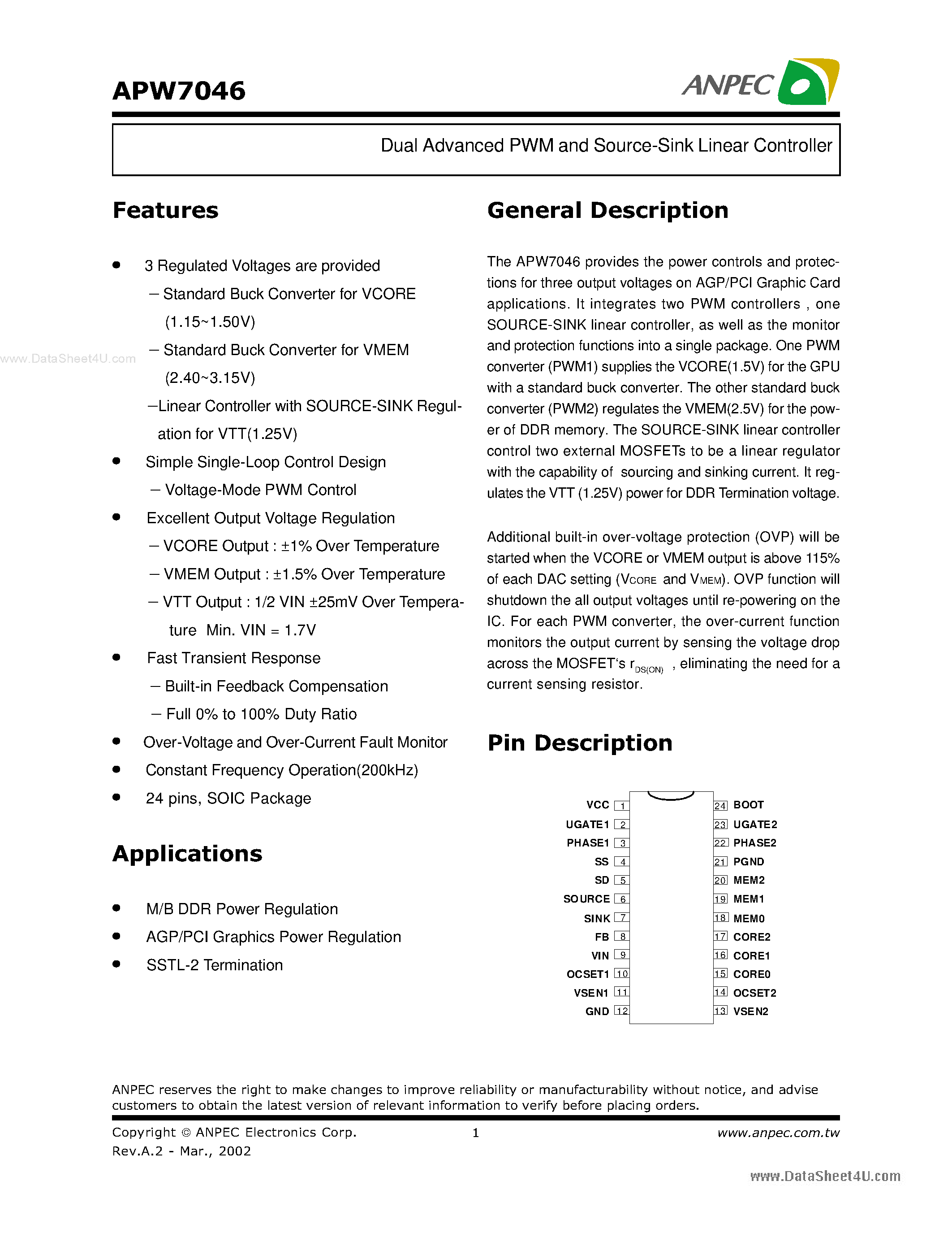 Datasheet APW7046 - Dual Advanced PWM and Source-Sink Linear Controller page 1
