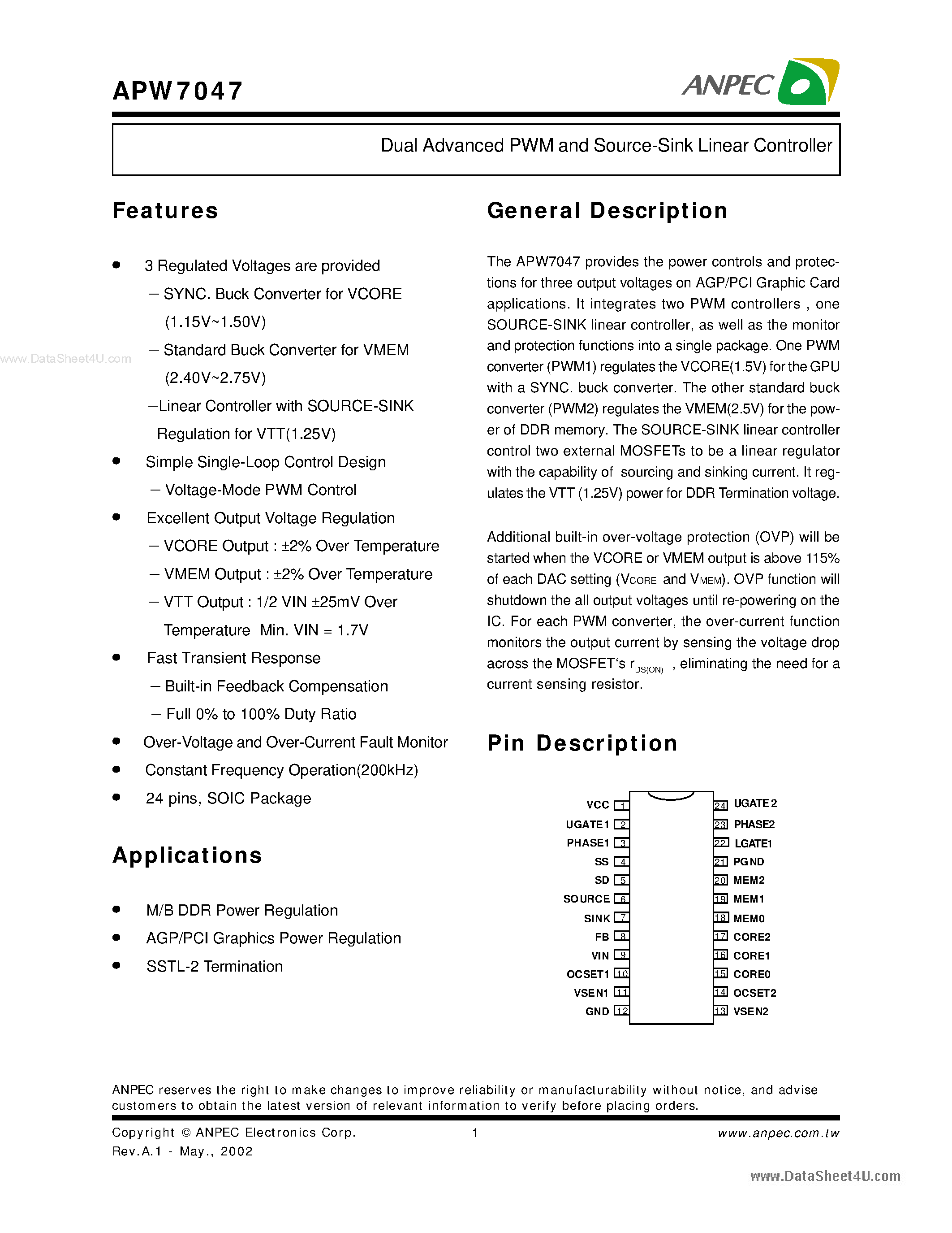 Datasheet APW7047 - Dual Advanced PWM and Source-Sink Linear Controller page 1