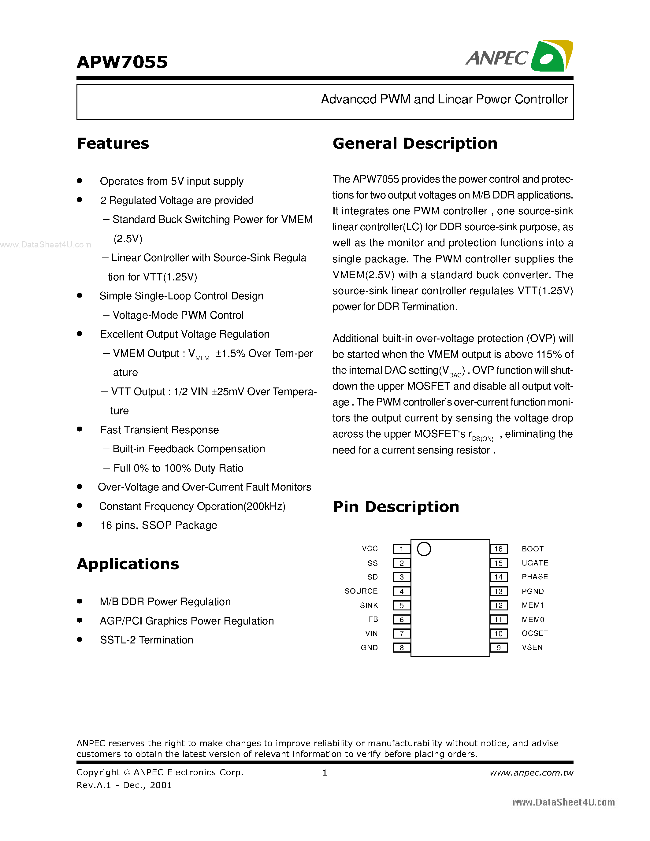 Datasheet APW7055 - Advanced PWM and Linear Power Controller page 1