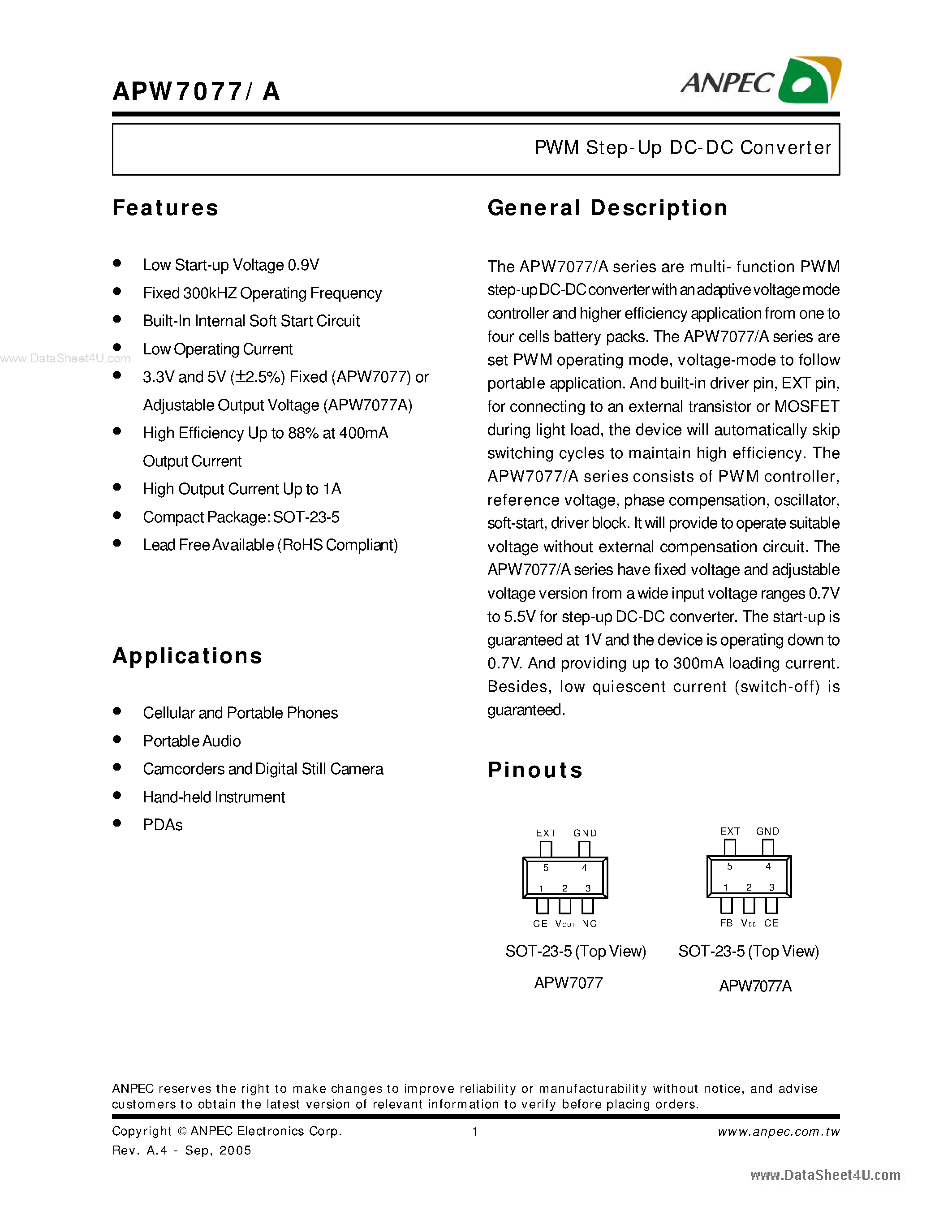 Даташит APW7077 - PWM Step-Up DC-DC Converter страница 1
