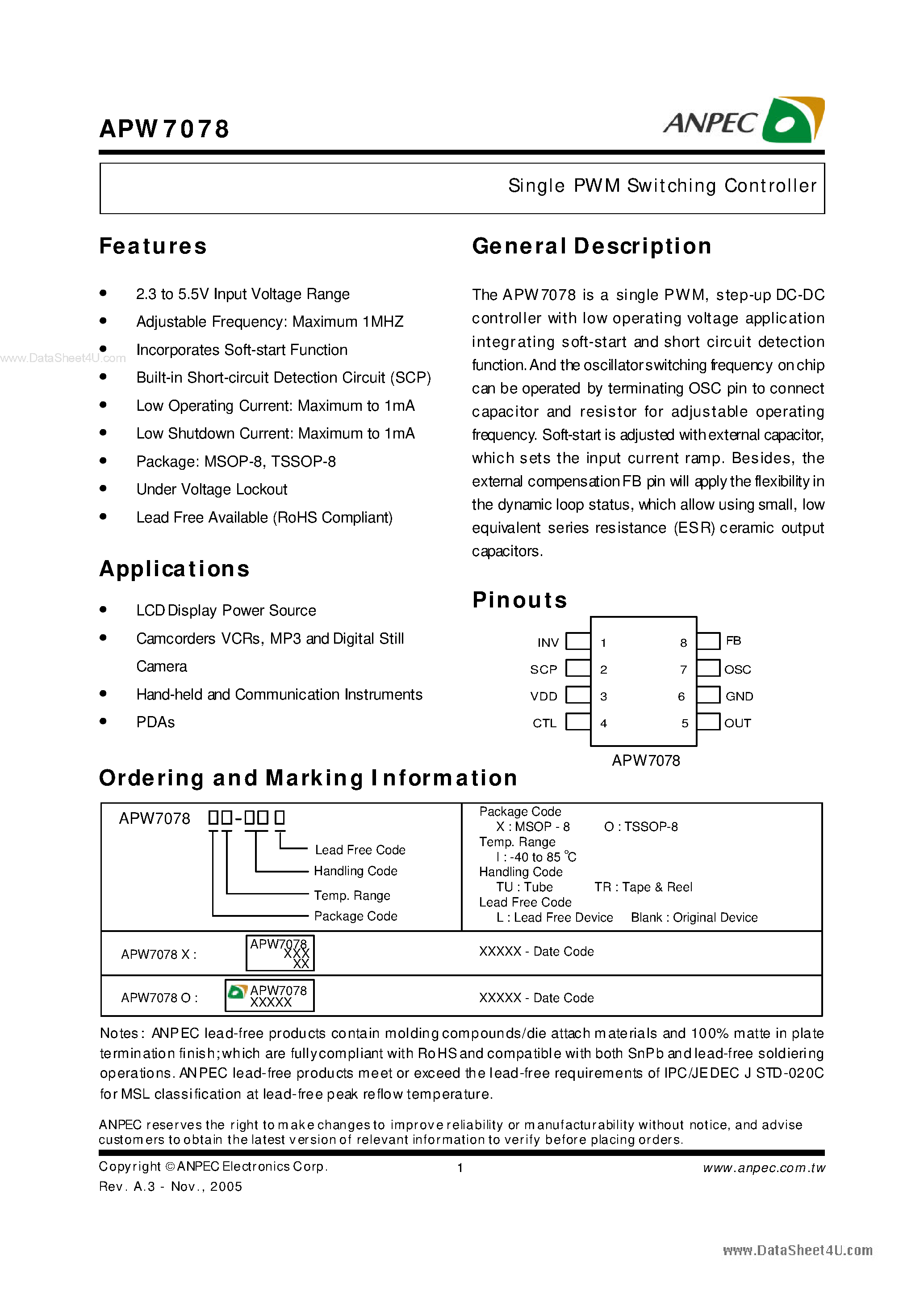 Даташит APW7078 - Single PWM Switching Controller страница 1