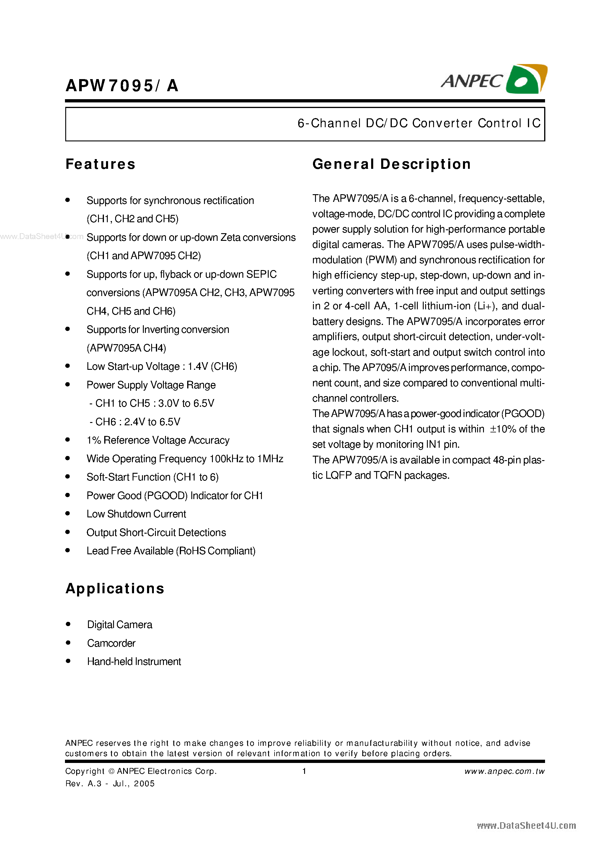 Datasheet APW7095 - 6-Channel DC/DC Converter Control IC page 1