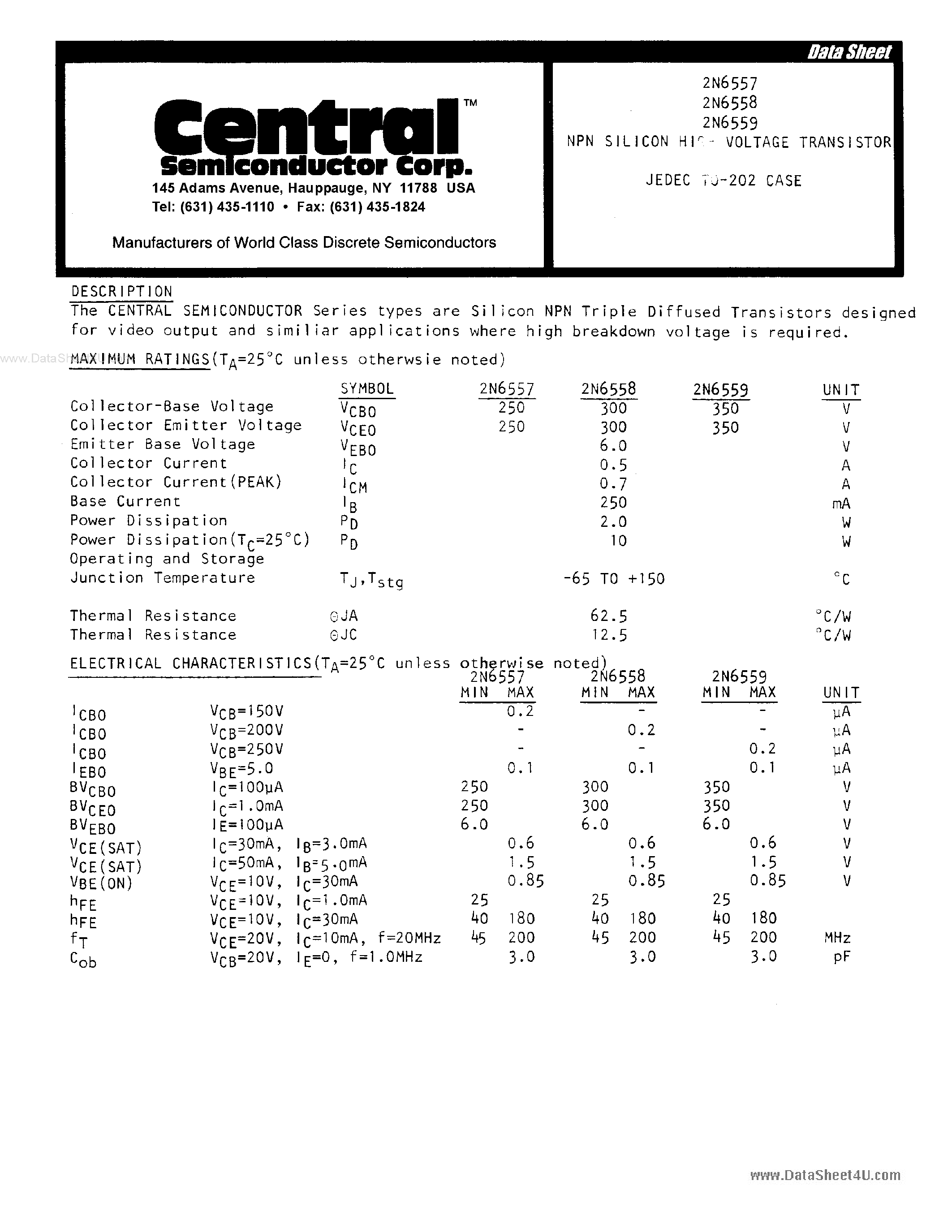 Datasheet 2N6557 - (2N6558 - 2N6559) NPN Silicon Transistor page 1