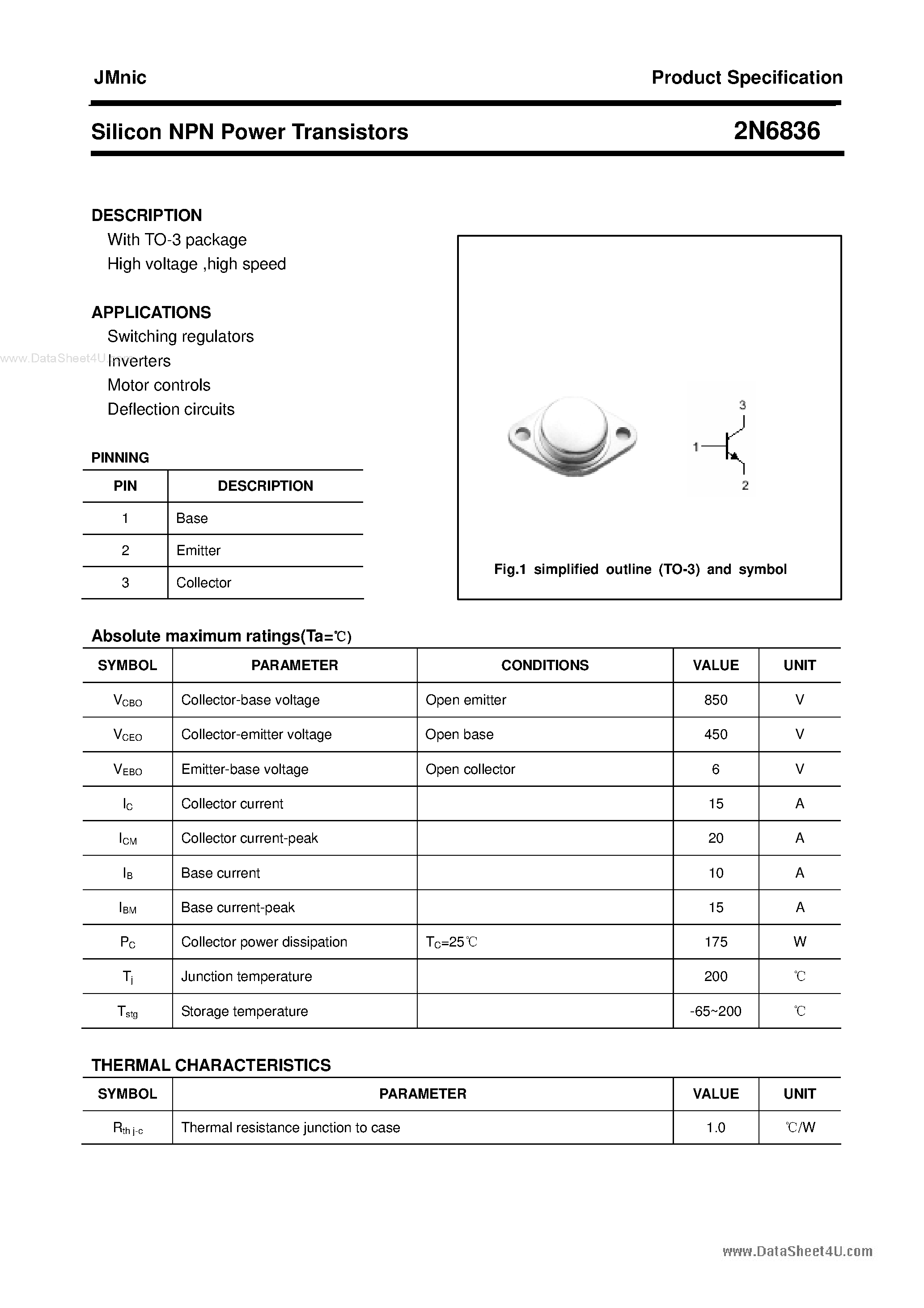 Datasheet 2N6836 - Silicon NPN Power Transistor page 1