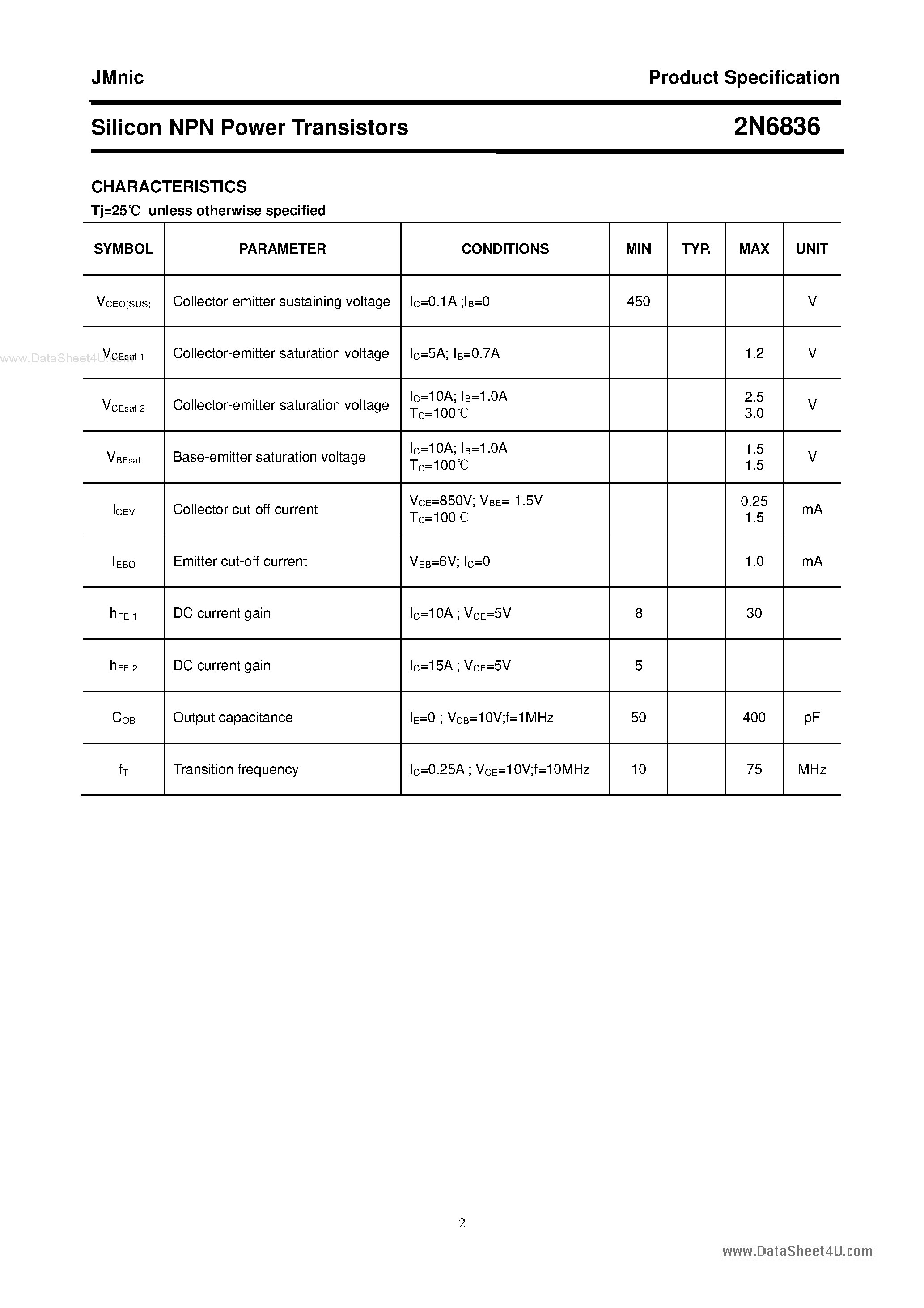 Datasheet 2N6836 - Silicon NPN Power Transistor page 2