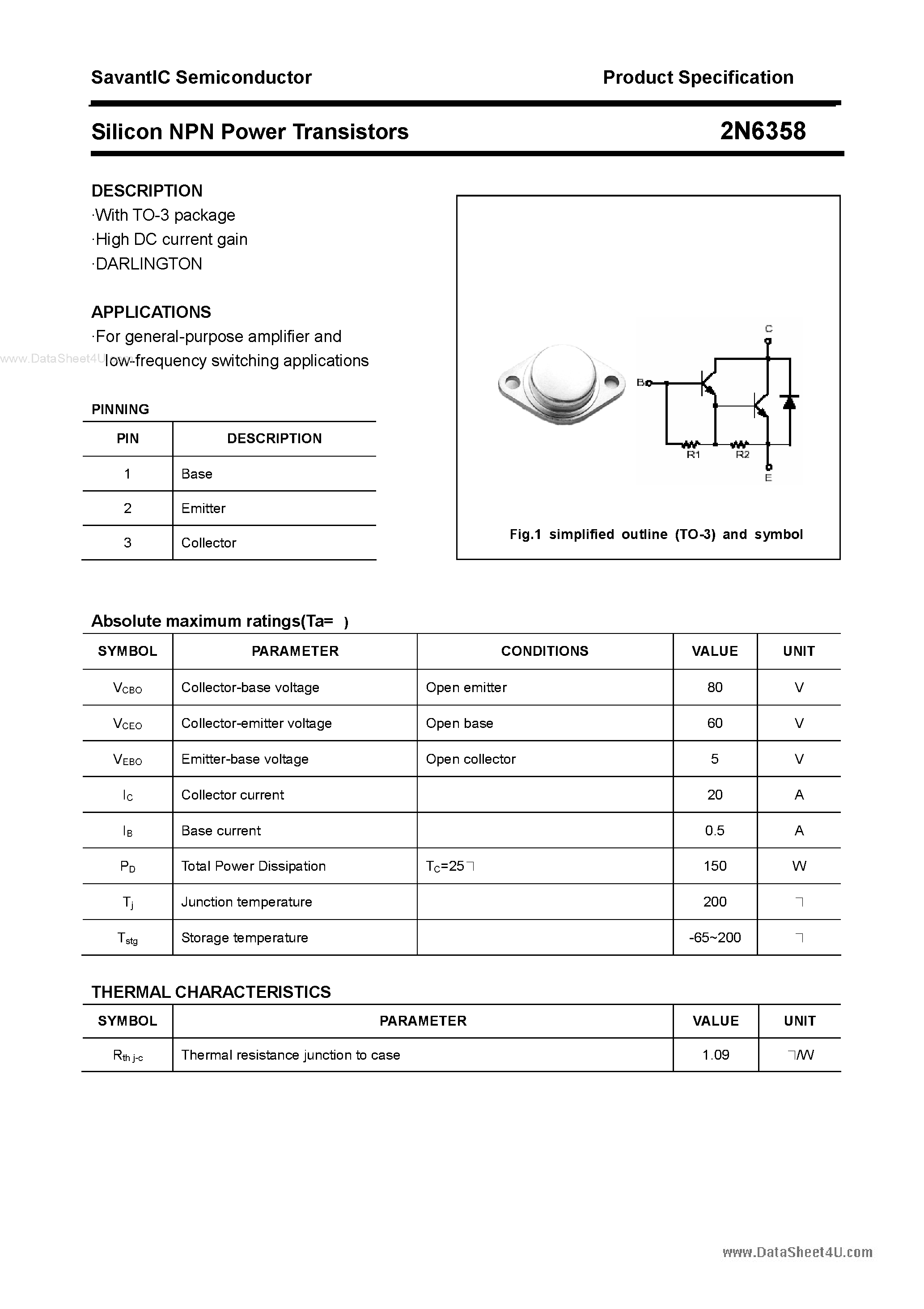 Datasheet 2N6358 - Silicon NPN Power Transistor page 1