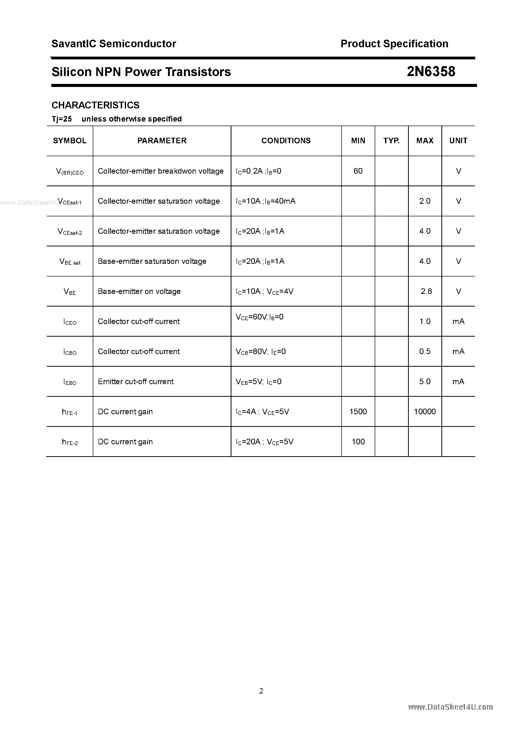 Datasheet 2N6358 - Silicon NPN Power Transistor page 2