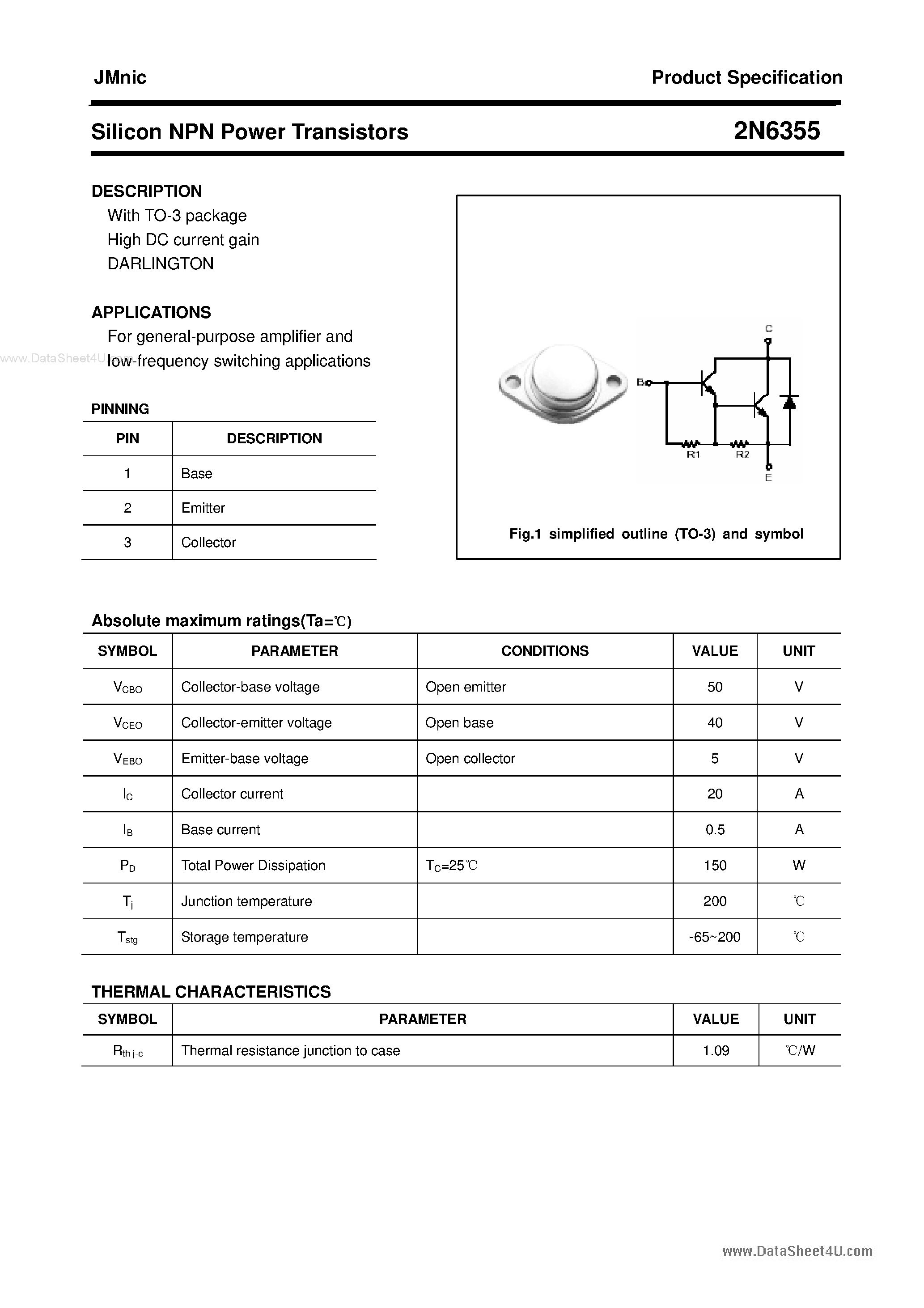Datasheet 2N6355 - Silicon NPN Power Transistor page 1