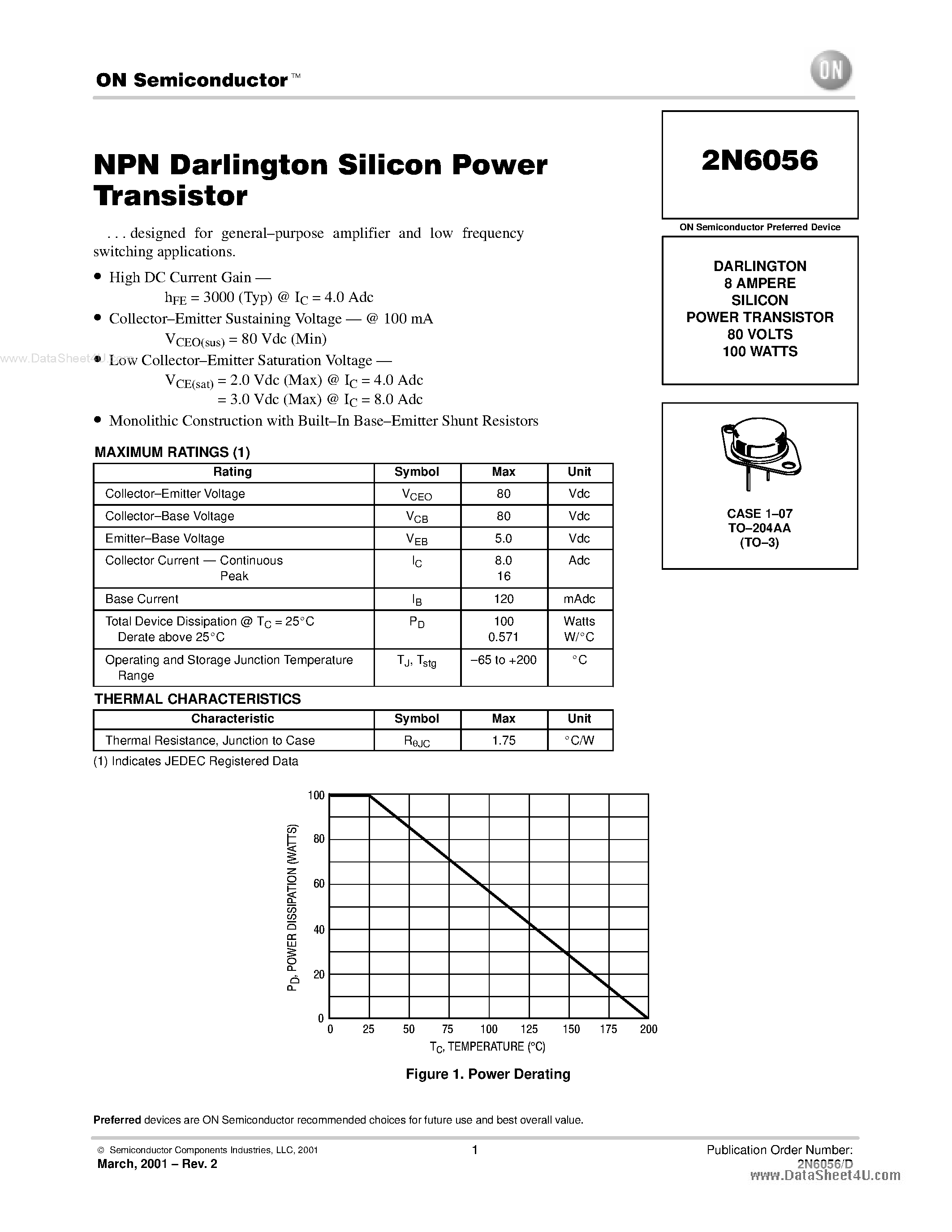 Datasheet 2N6056 - NPN Darlington Silicon Power Transistor page 1