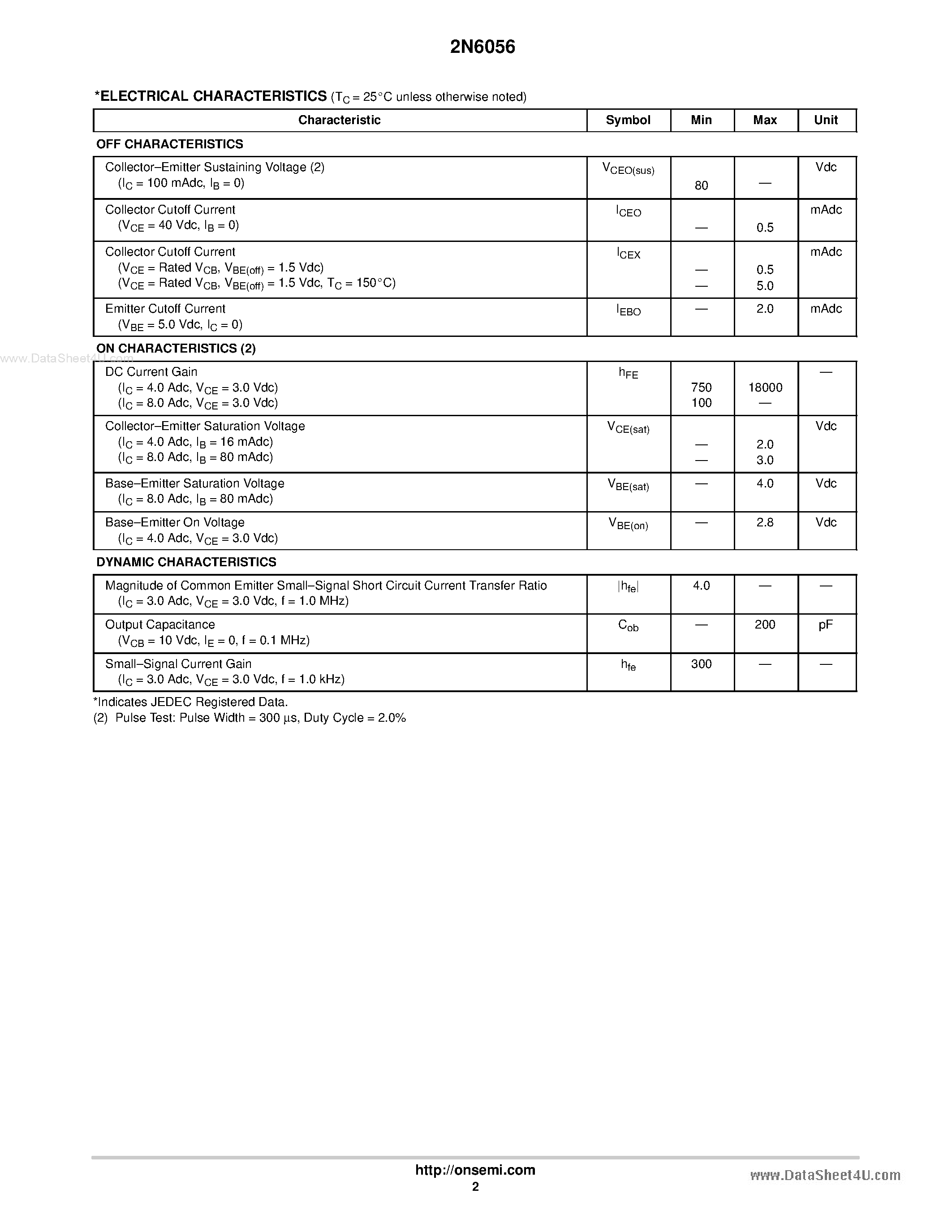 Datasheet 2N6056 - NPN Darlington Silicon Power Transistor page 2