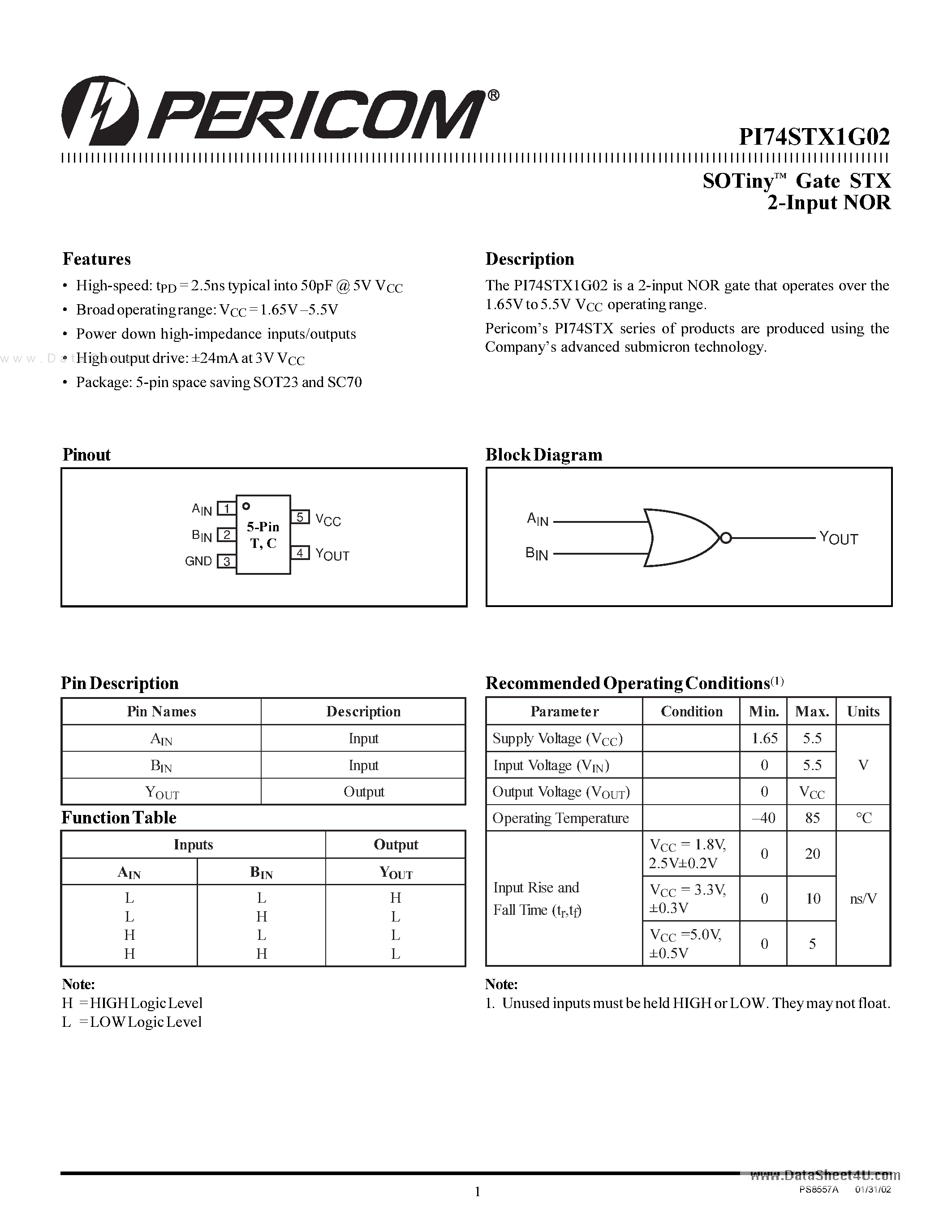 Даташит PI74STX1G02 - Gate STX 2-Input NOR страница 1