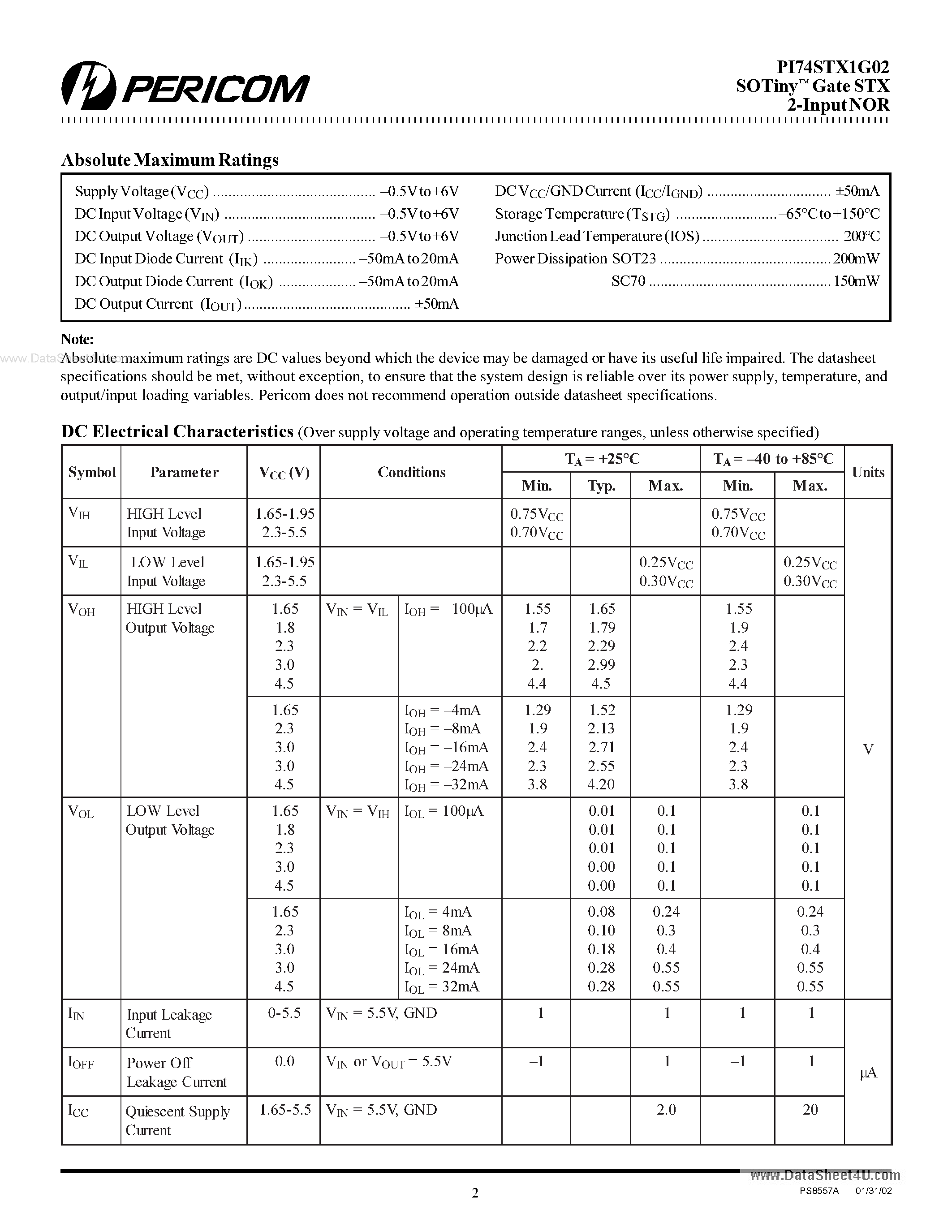 Даташит PI74STX1G02 - Gate STX 2-Input NOR страница 2