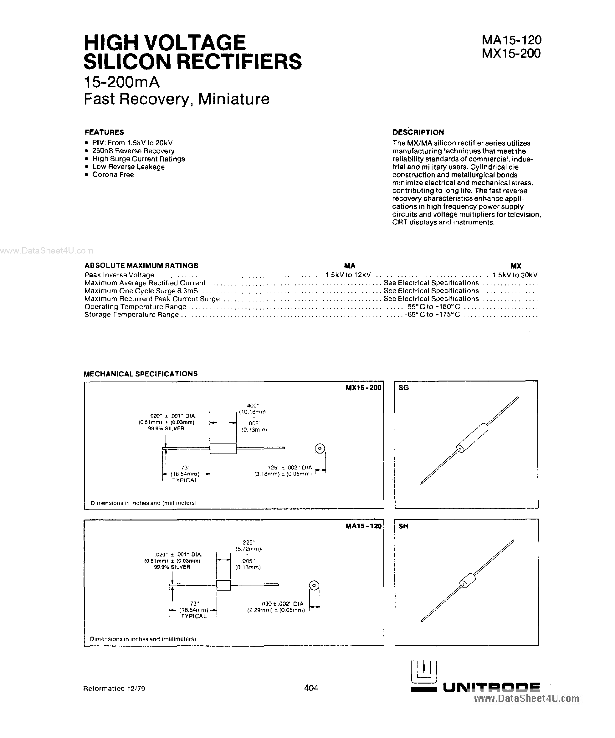 Datasheet MA15-120 page 1 Datasheet MA15-120 - (MA15-120 / MA15-200) HIGH VOLTAGE SILICON RECTIFIERS page 1