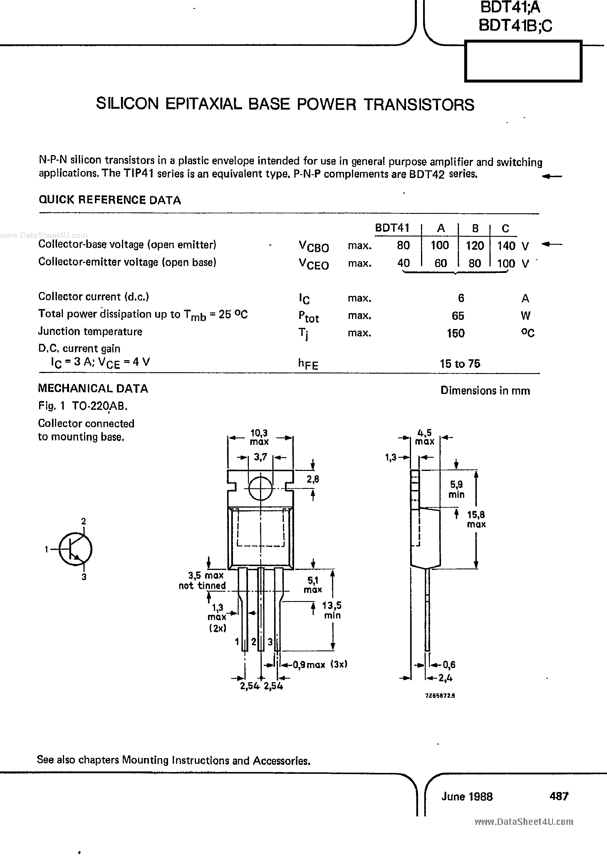 Даташит BDT41 - Silicon Epitaxial Base Power Transistors страница 1