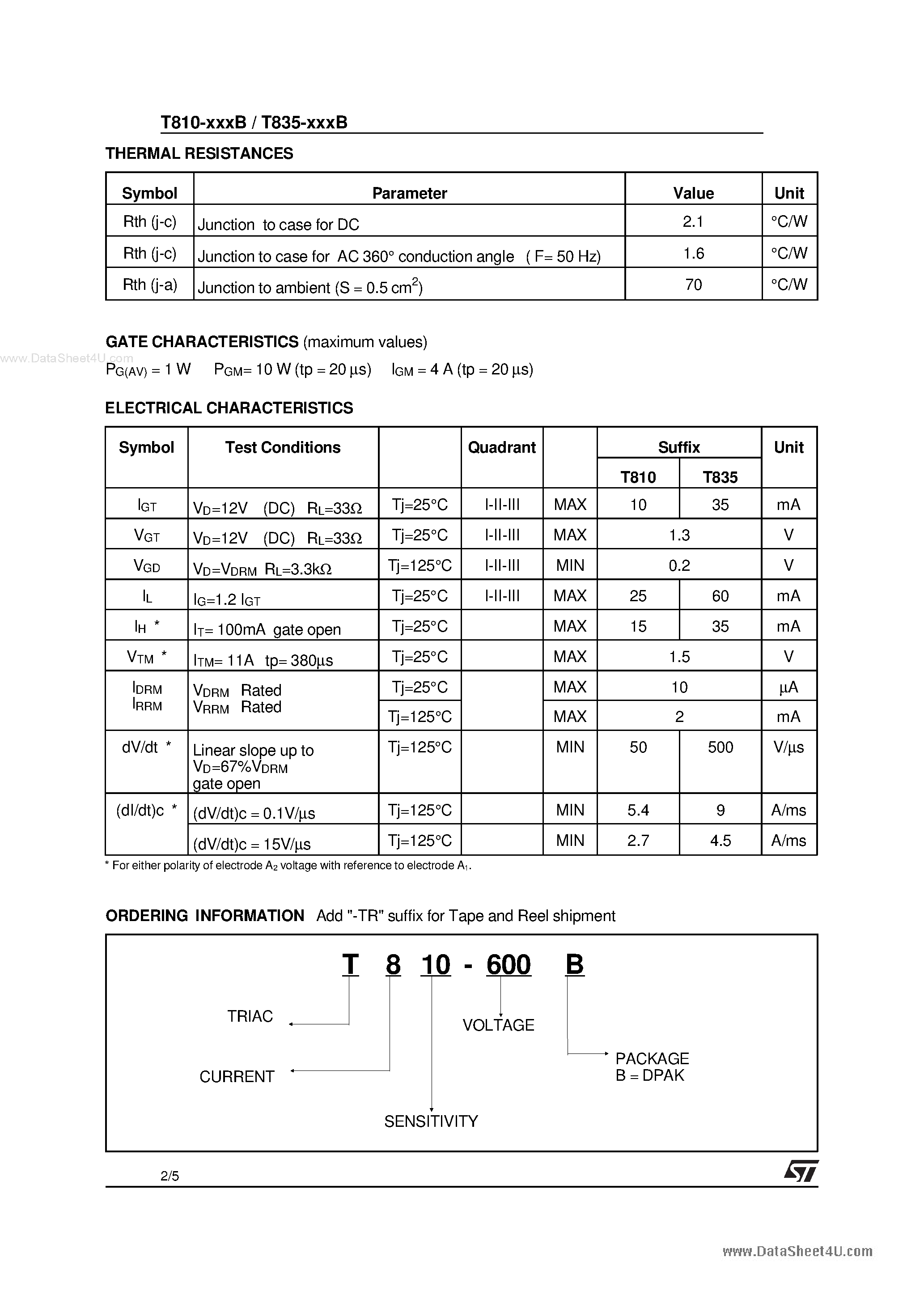 Datasheet T835-400B - (T835-xxxB) HIGH PERFORMANCE TRIACS page 2