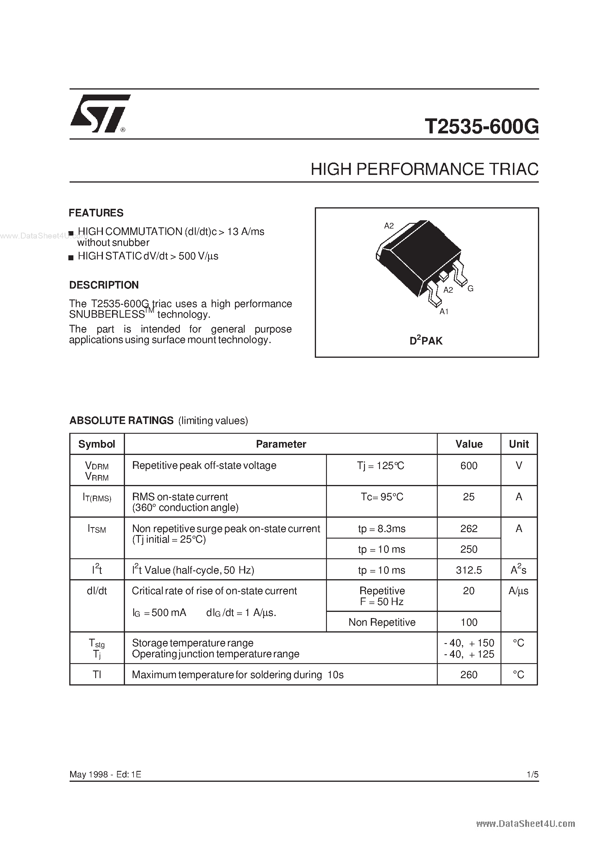 Datasheet T2535-600G - HIGH PERFORMANCE TRIAC page 1